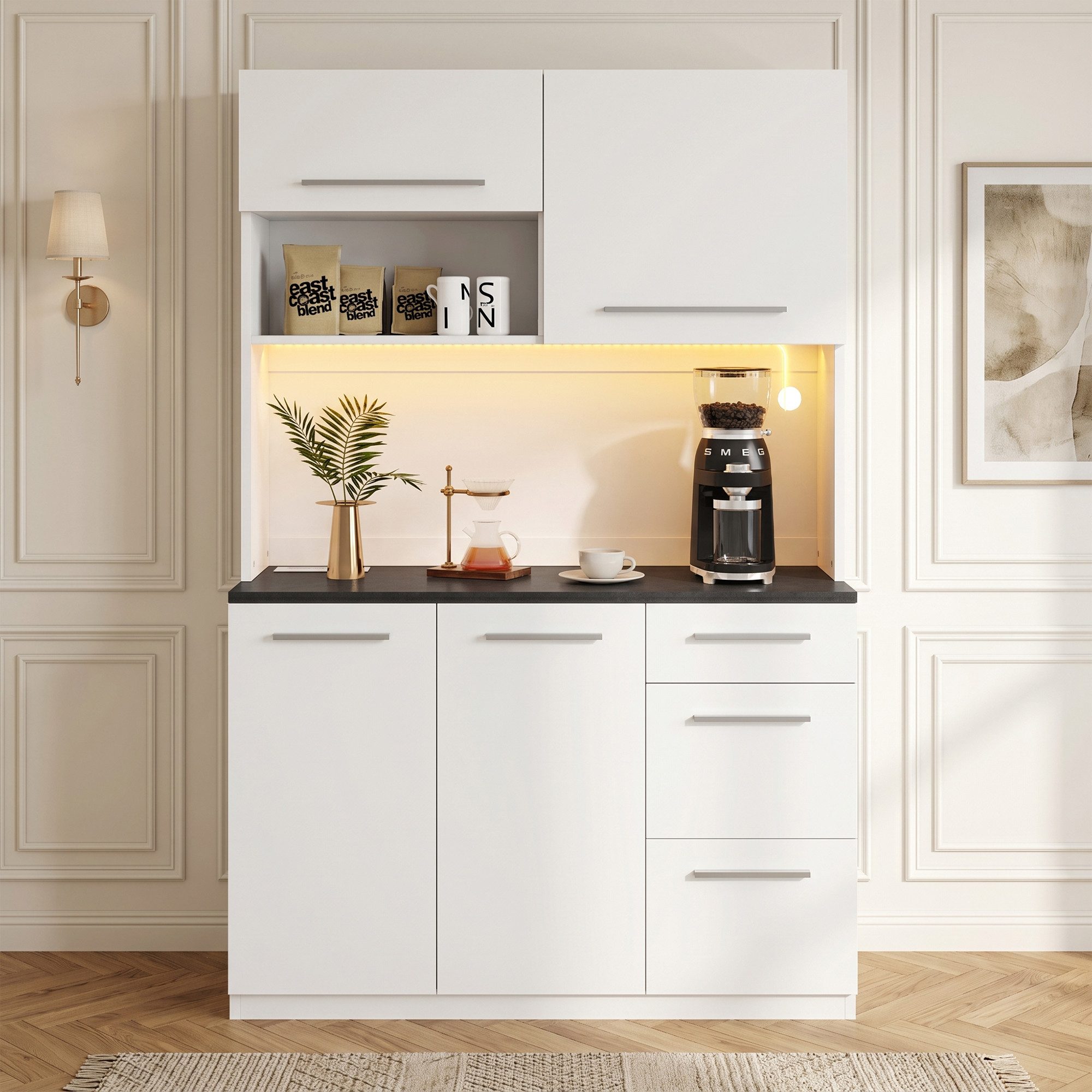 Celya Hochschrank Buffetschränke mit mehrstufigem Stauraum und farbigem Lichtstreifen (mit integrierter Steckdose sowie USB-C- und USB-A-Anschlüssen) Ideal für Esszimmer, Wohnzimmer und Küche