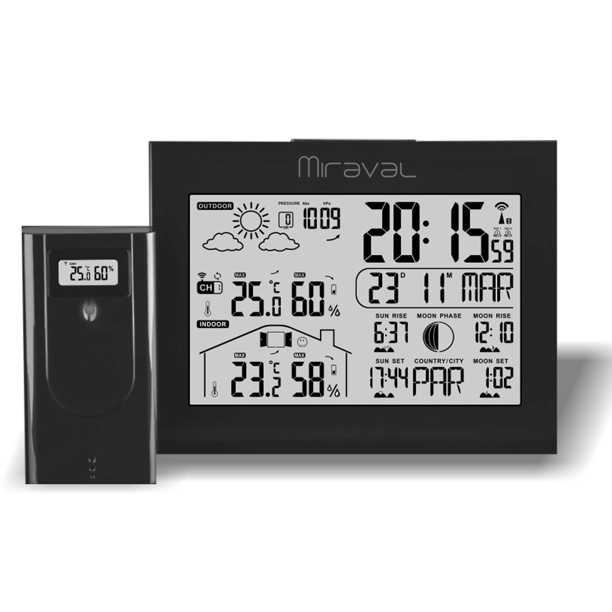 mit Alarm LCD Hygrometer) Displaybeleuchtung Weiß (Temperaturanzeige Funk-Wetterstation Miraval Außensenor Datumsanzeige Funkwetterstation