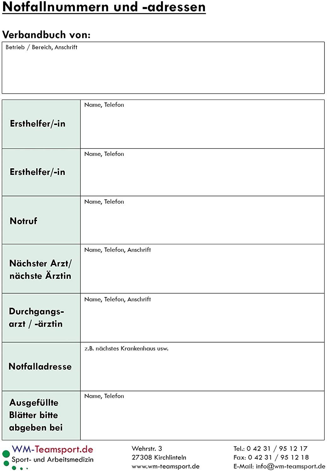 WM-Teamsport Wundpflaster 3er Pack Verbandbuch Erste Hilfe mit Ringösen +  heraustrennbare Seiten (3 St)