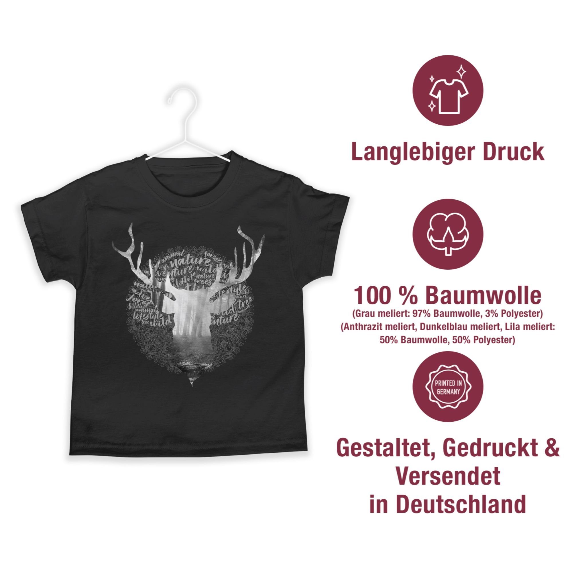 Shirtracer T-Shirt Hirsch Hirschkopf 1 Kinder Schwarz Hirschgeweih Outfit Oktoberfest Mode für