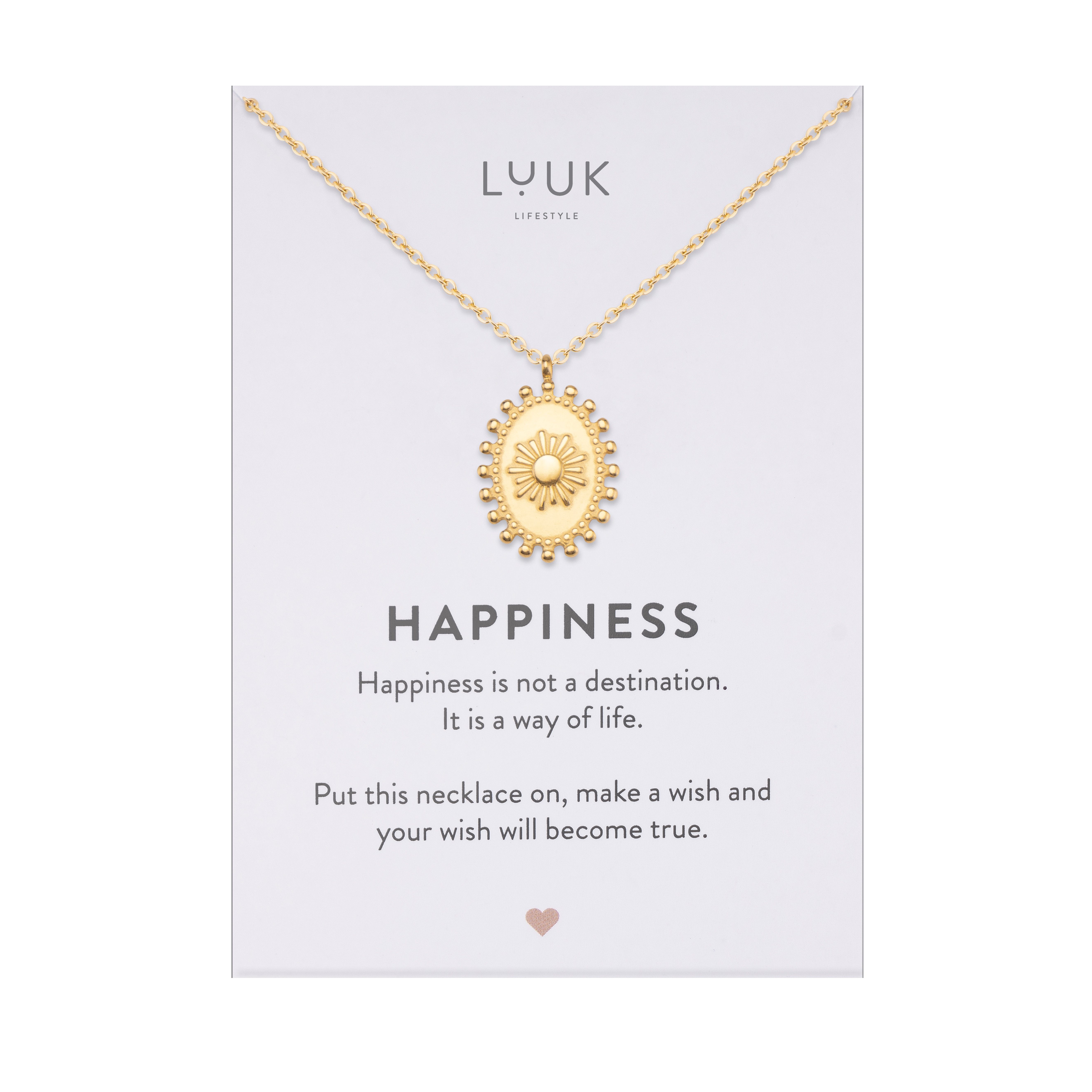 LUUK LIFESTYLE Kette mit Anhänger Boho Sonne, mit Happiness Spruchkarte, wasserfest & hautverträglich
