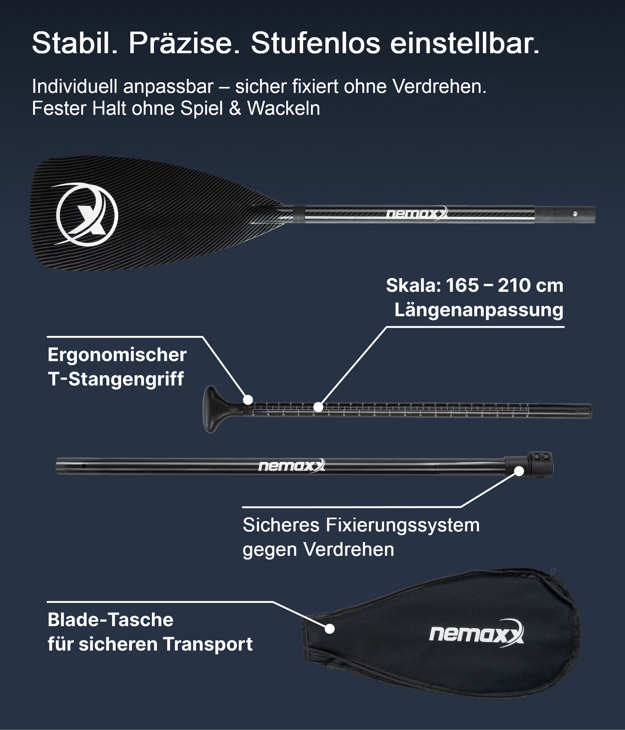 NEMAXX CARBON SPEED SUP Paddel 3-teilig 165–210 cm teleskopisch verstellbar SUP-Paddel, (inkl. Blade-Tasche, Skala & ergonomischem T-Griff für mehr Komfort), Hydrodynamisches Blatt und sicheres Fixierungssystem für Kontrolle