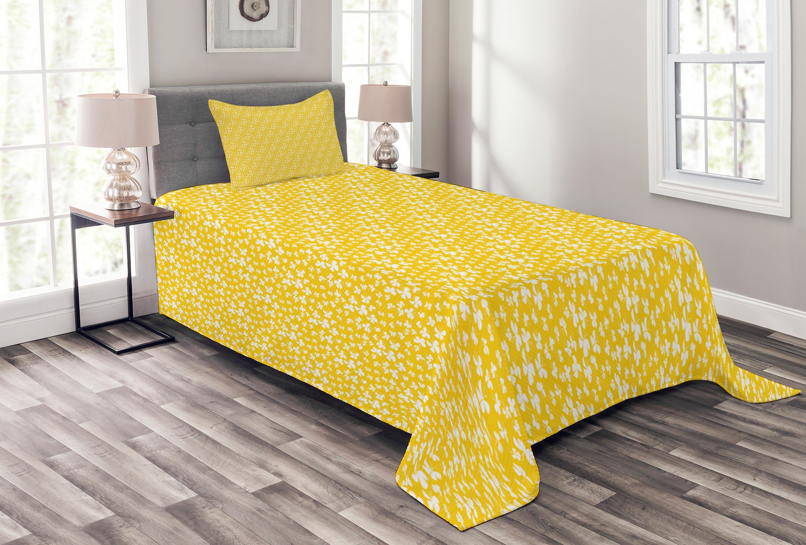 Weiß Set Schmetterlinge Waschbar, und Tagesdecke Kissenbezügen Entwurf Gelb Abakuhaus, mit