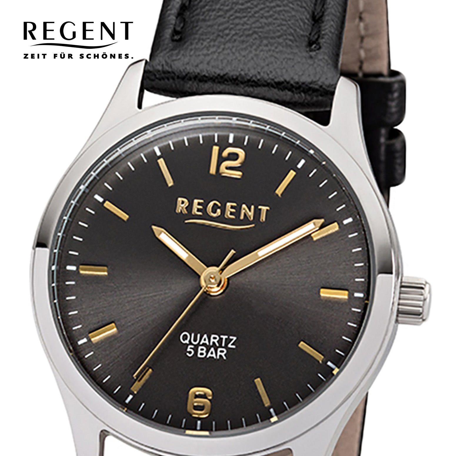 Regent Armbanduhr Lederarmband (ca. Quarzuhr Regent klein rund, Analog, 29mm), schwarz Damen-Armbanduhr Damen