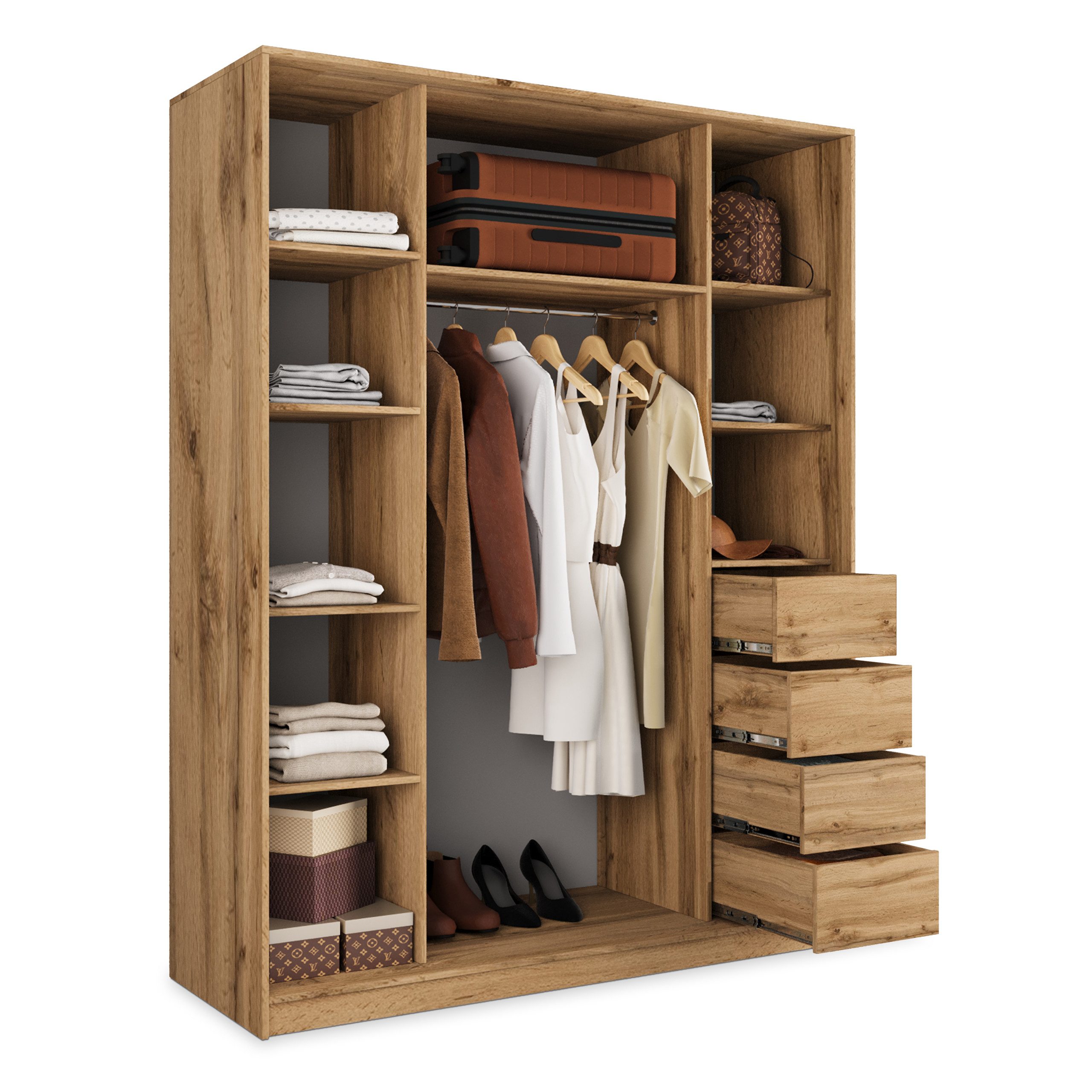 Masseno Schwebetürenschrank PINA 150 cm Kleiderschrank mit Spiegel 3 Türen Eiche Wotan