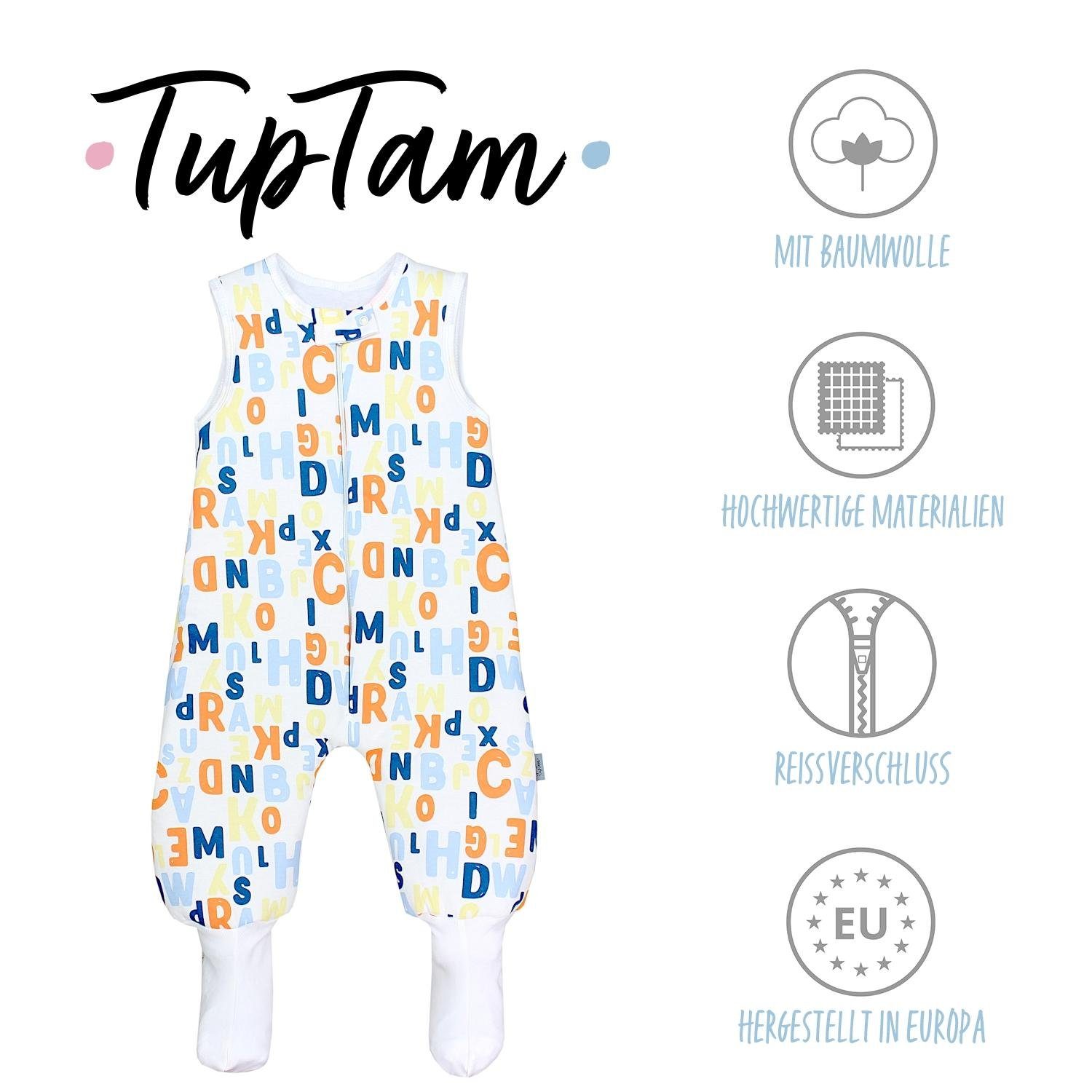 TupTam und Babyschlafsack Winterschlafsack mit OEKO-TEX Orange 2.5 TOG Gelb Buchstaben zertifiziert, Blau Füßen Beinen