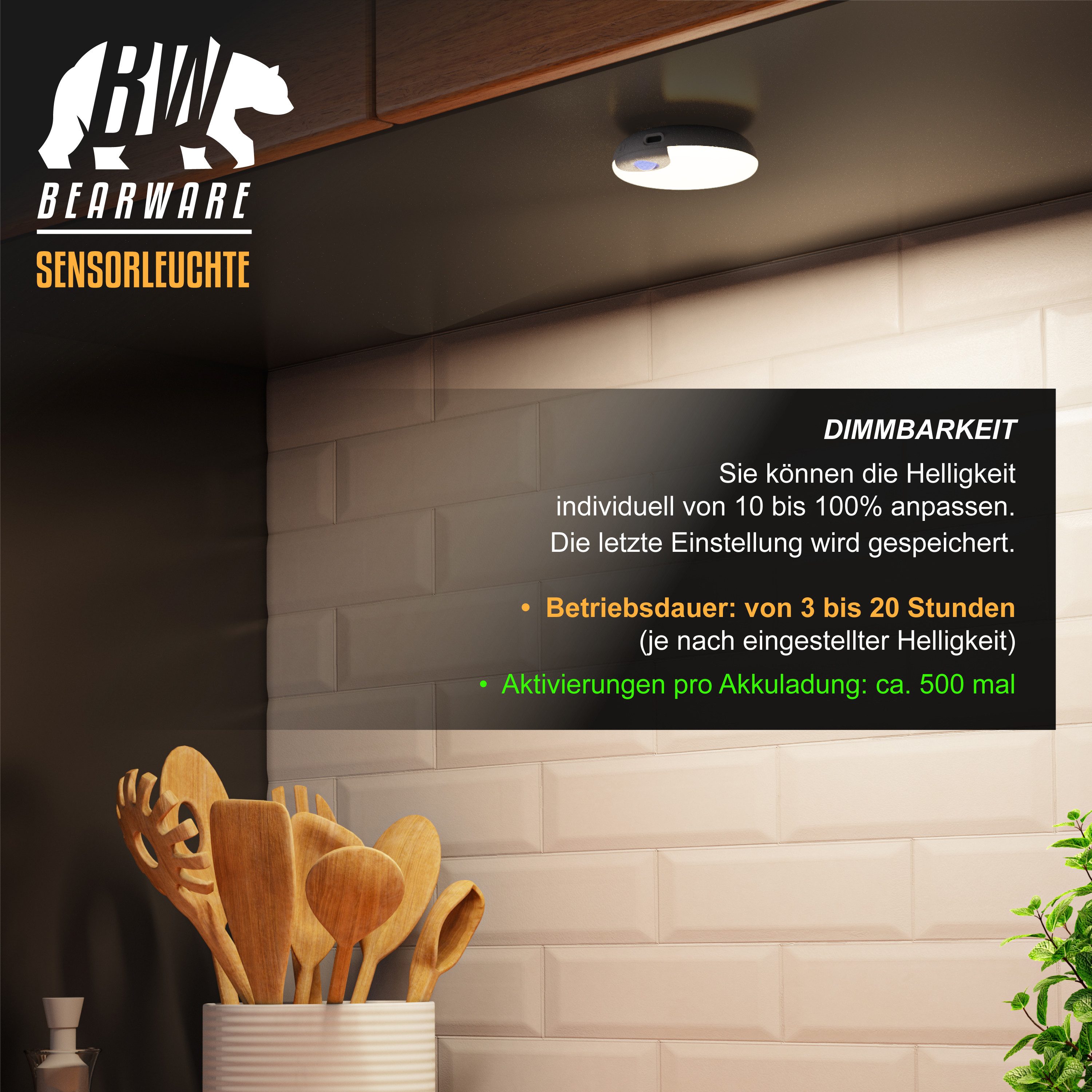 BEARWARE LED Nachtlicht Schranklicht mit Bewegungsmelder, Akku, USB-C, dimmbar, Automatische Ein-/Ausschaltung, Nachtlichtfunktion, mit LED, Dimmfunktion, Timer – Bild 5 von 5