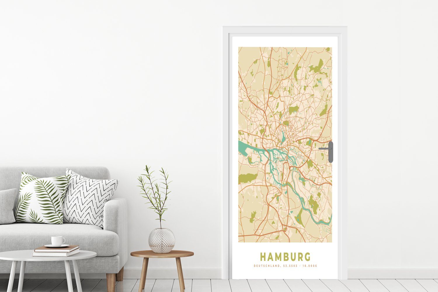 MuchoWow Matt, Hamburg bedruckt, Vintage, St), 75x205 - Türtapete Türaufkleber, - für cm Karte (1 Fototapete Tür, Stadtplan -