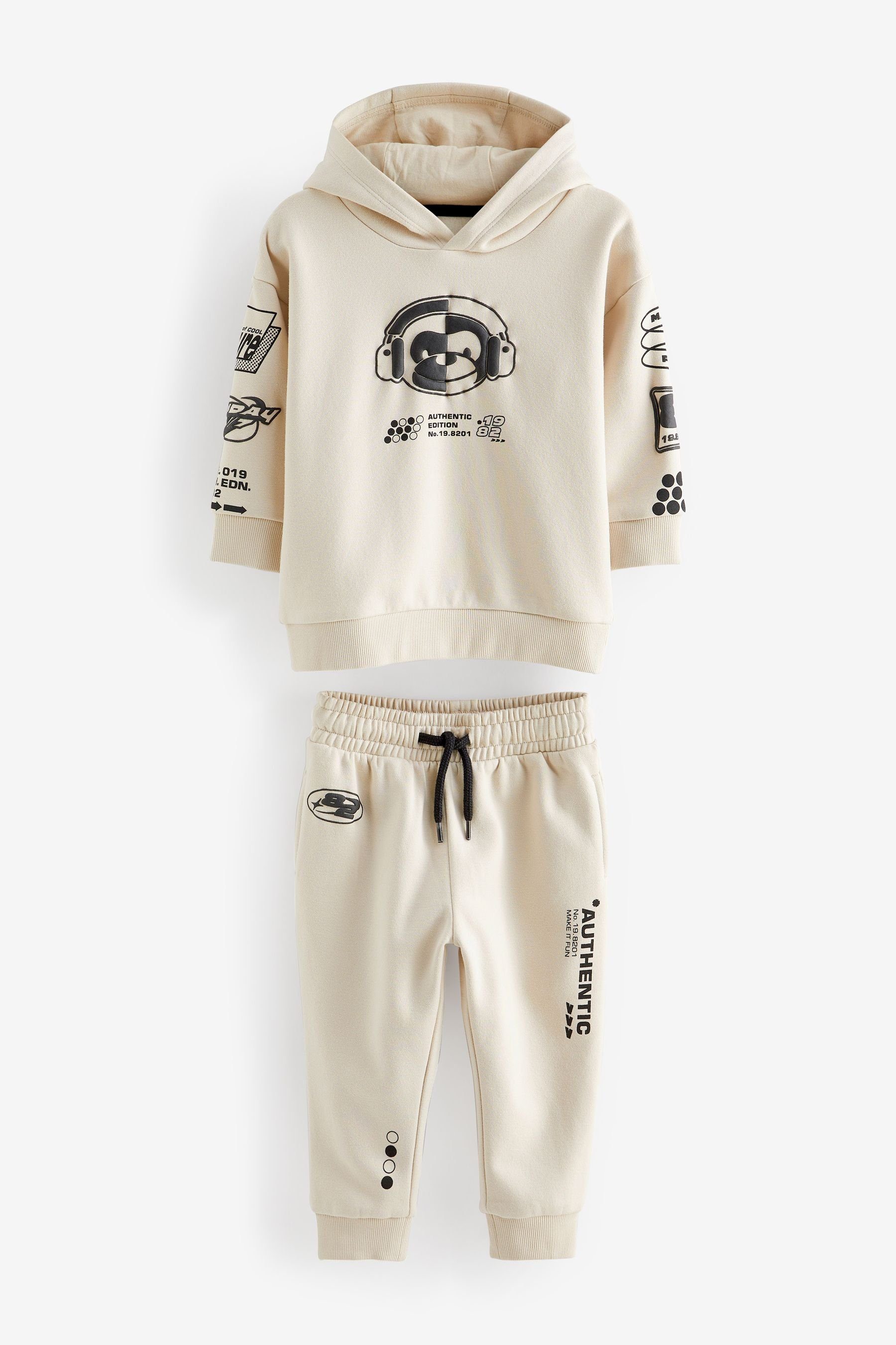 Hoodie und Next Motiv (2-tlg) White Ecru mit Off Set im Jogginghose Monkey Sweatanzug