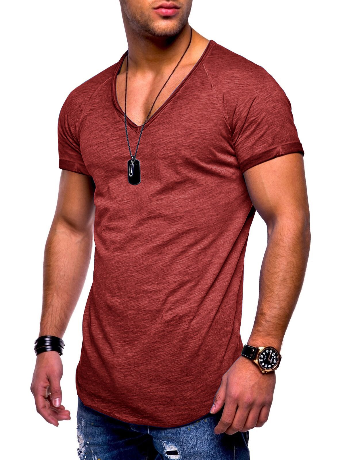 behype T-Shirt BHSOLIN Herren Basic Kurzarm V-Neck Oversized Shirt V-Ausschnitt