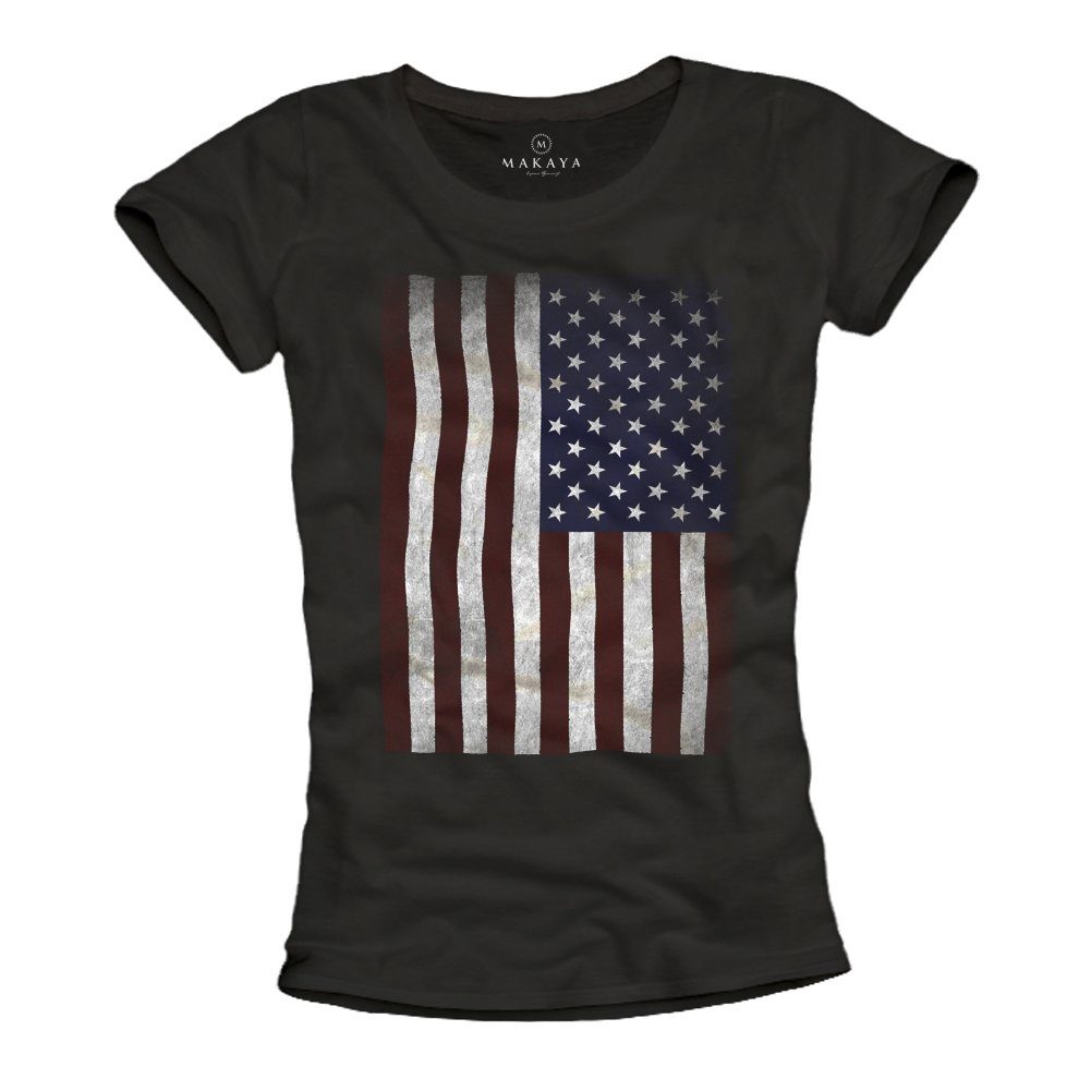 T-Shirt Damen USA Amerika Fahne US Flagge Trikot Sommer Top Frauen Schwarz