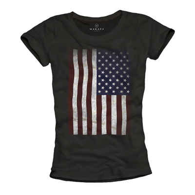 MAKAYA T-Shirt Damen USA Amerika Fahne US Flagge Trikot Sommer Top Frauen Schwarz bedruckt