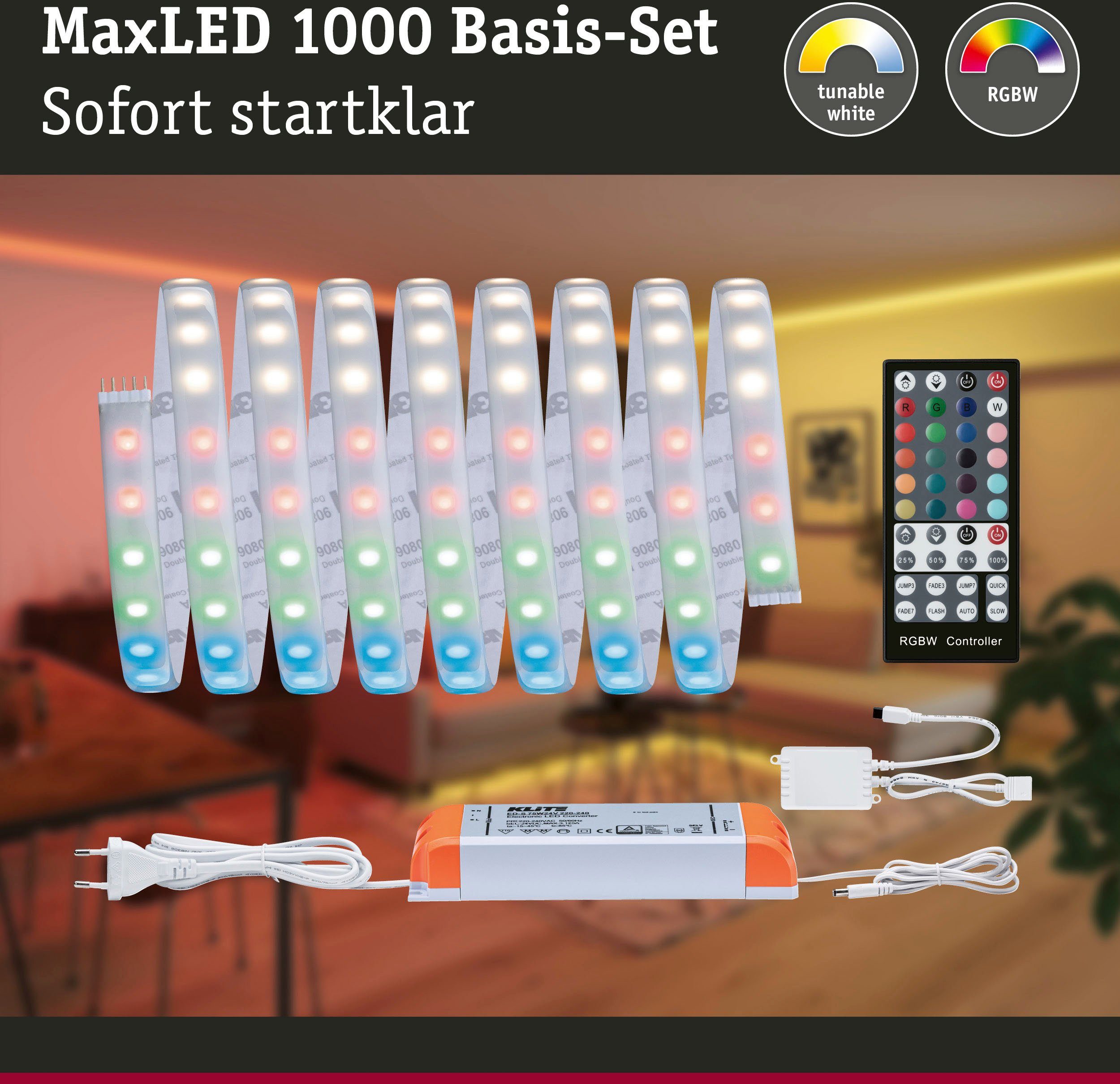 RGBW Basisset 33W 3m LED-Streifen RGBW 230/24V IP44 1000 1-flammig, Cover Silber, 3000K 75VA MaxLED Paulmann