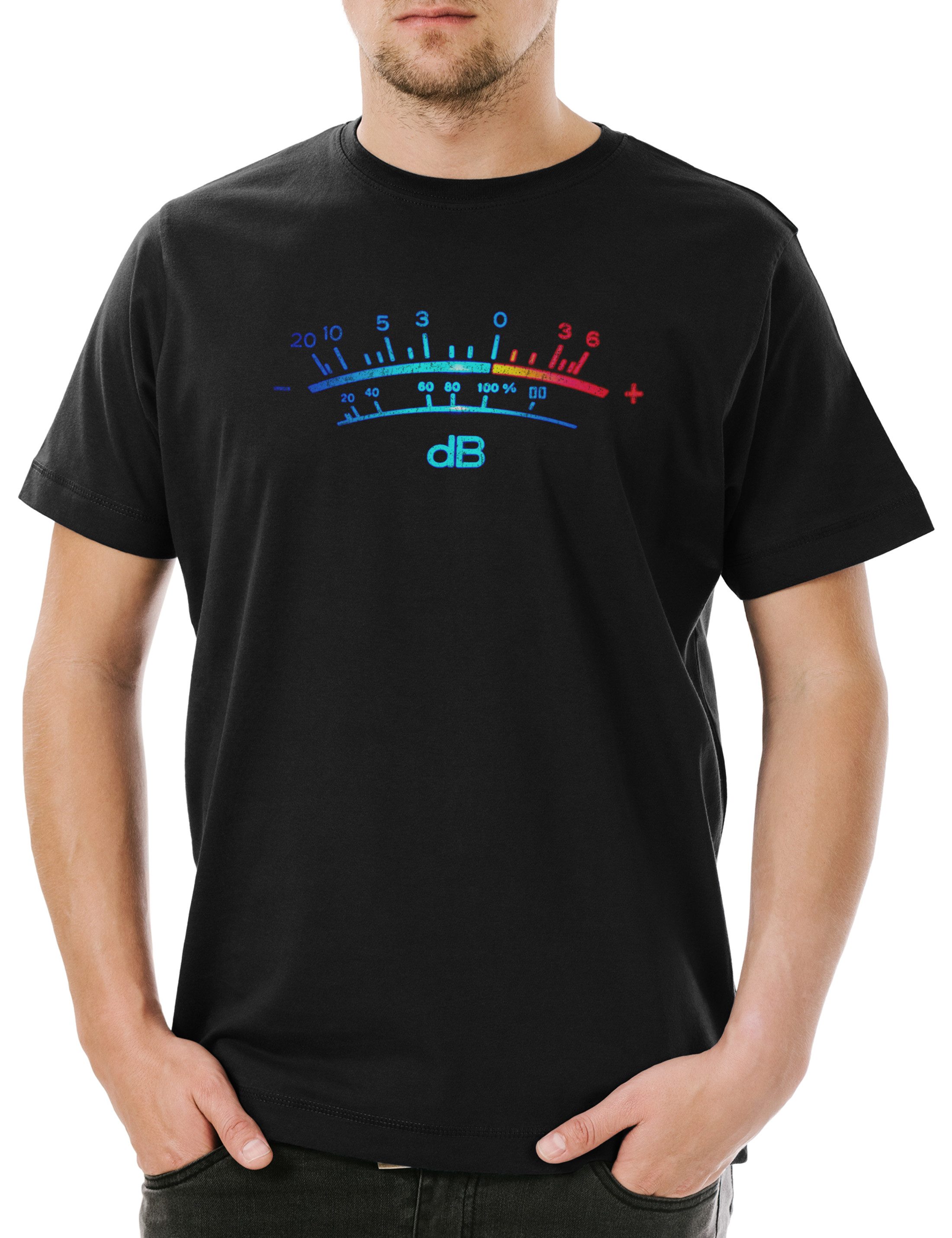 Urban Backwoods Print-Shirt DB Meter II Herren T-Shirt Decibel Music Bass Retro Radio Cassette VU (1-tlg) Tape Record Schallplatte Amplifier