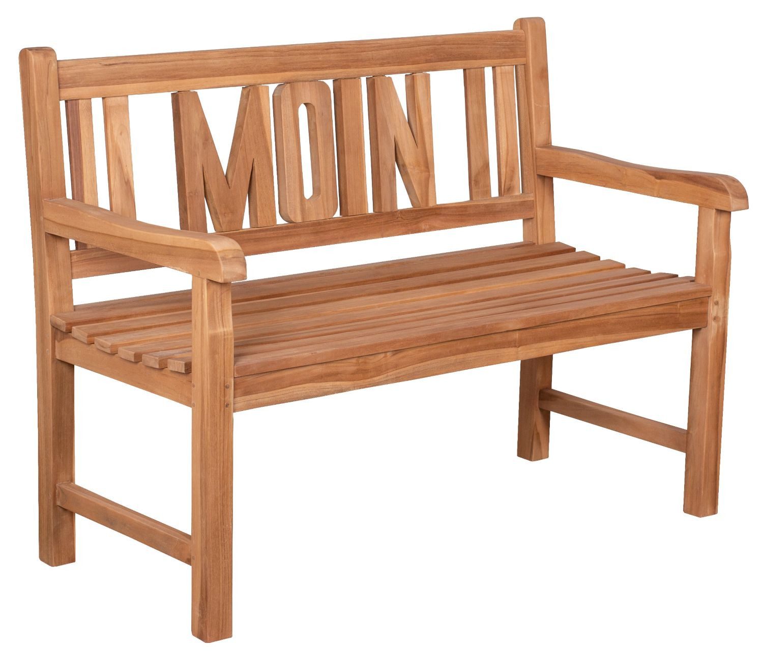 deVries Gartenbank deVries Teakholz Gartenbank Woodie MOIN 120 cm, naturbelassenes Massivholz aus Teak, eingearbeitetes Moin-Motiv