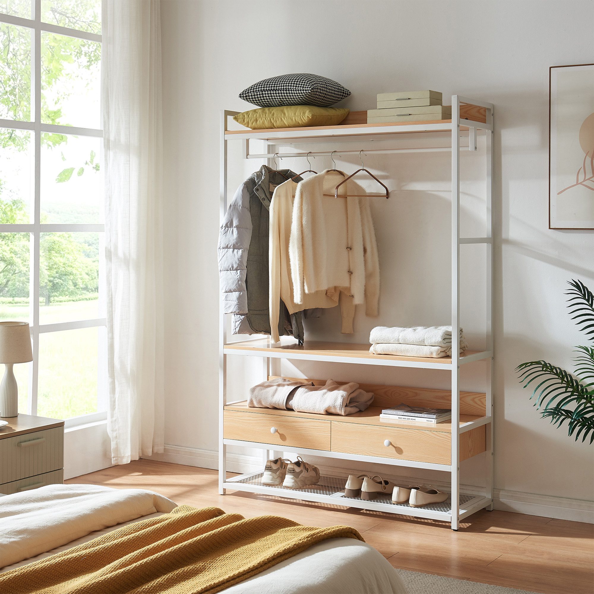 en.casa Garderobenständer, »Isen« 1 Stange, 4 Ablagen, 2 Schubladen 180x120x40cm Weiß/Eiche