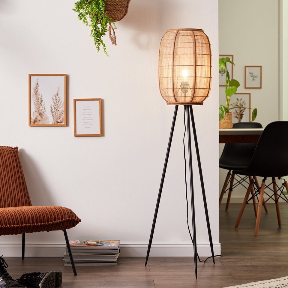 Home affaire Stehlampe Rouez, ohne Leuchtmittel, dreibeinige Standleuchte  mit 1,34m Höhe, Schirm aus Textil und Holz | Standleuchten