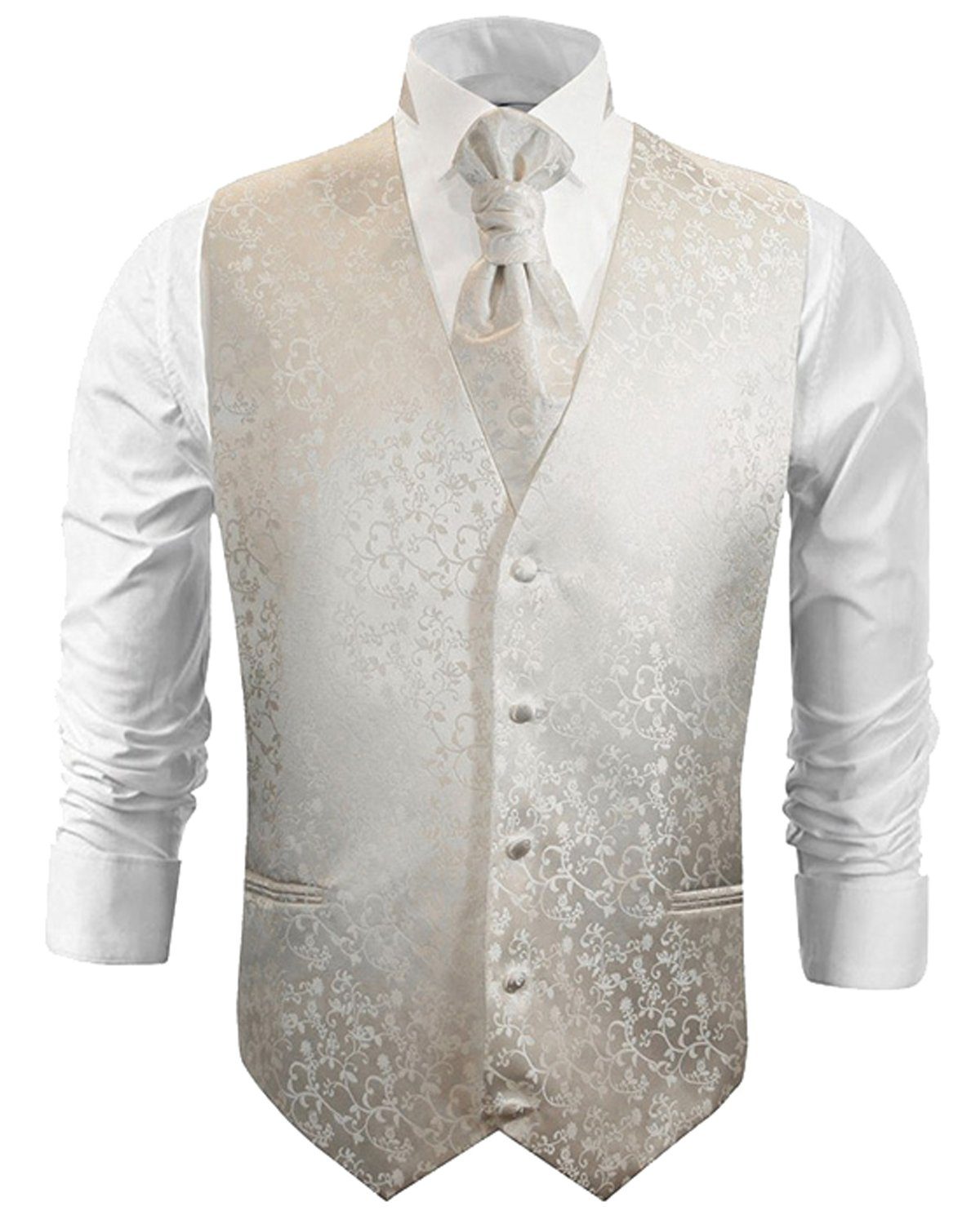 Paul Malone Anzugweste Herren Hochzeitsweste mit Plastron Set 2tlg floral - Bräutigam (Set, 2-tlg., mit Weste und Plastron) ivory V41, Gr. 56 (XL)