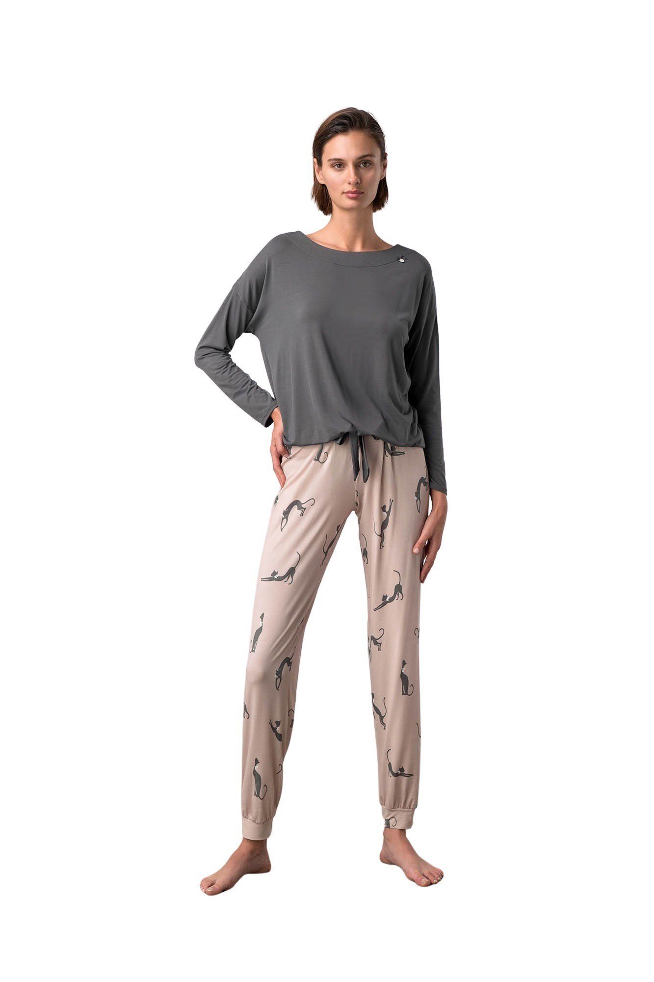 Damen exquisiter Vamp 2-teilig, Langarm, Schlafanzug Pyjama (Set, magnet gray 2 Set) Schlafanzug tlg.,