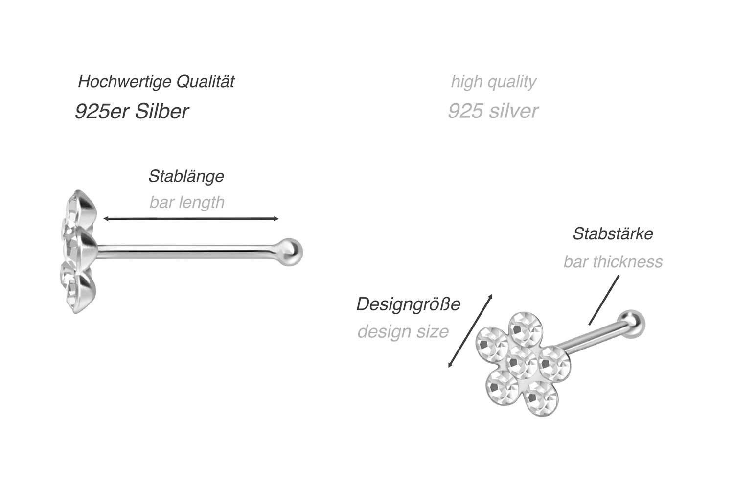PIERCINGLINE Nasenpiercing SET 925er Silber Nasenstecker Pin KRISTALLBLUME (Nasenstecker, 3er SET1 = Kristallklar)