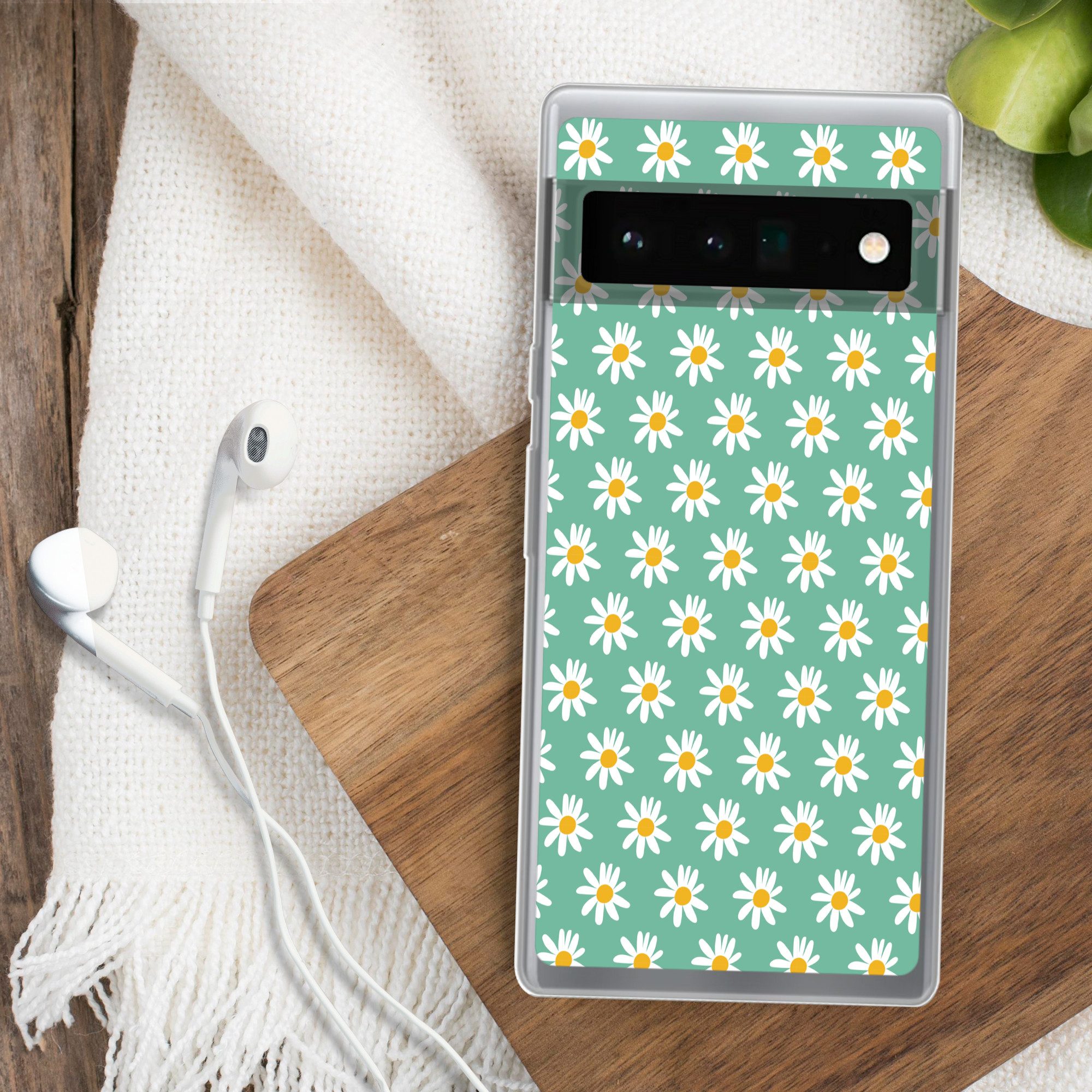 MuchoWow Handyhülle für Google Pixel 6 Pro Gänseblümchen - Muster - Grün - Blumen, Handy Case, Silikon, Bumper Case Dünn