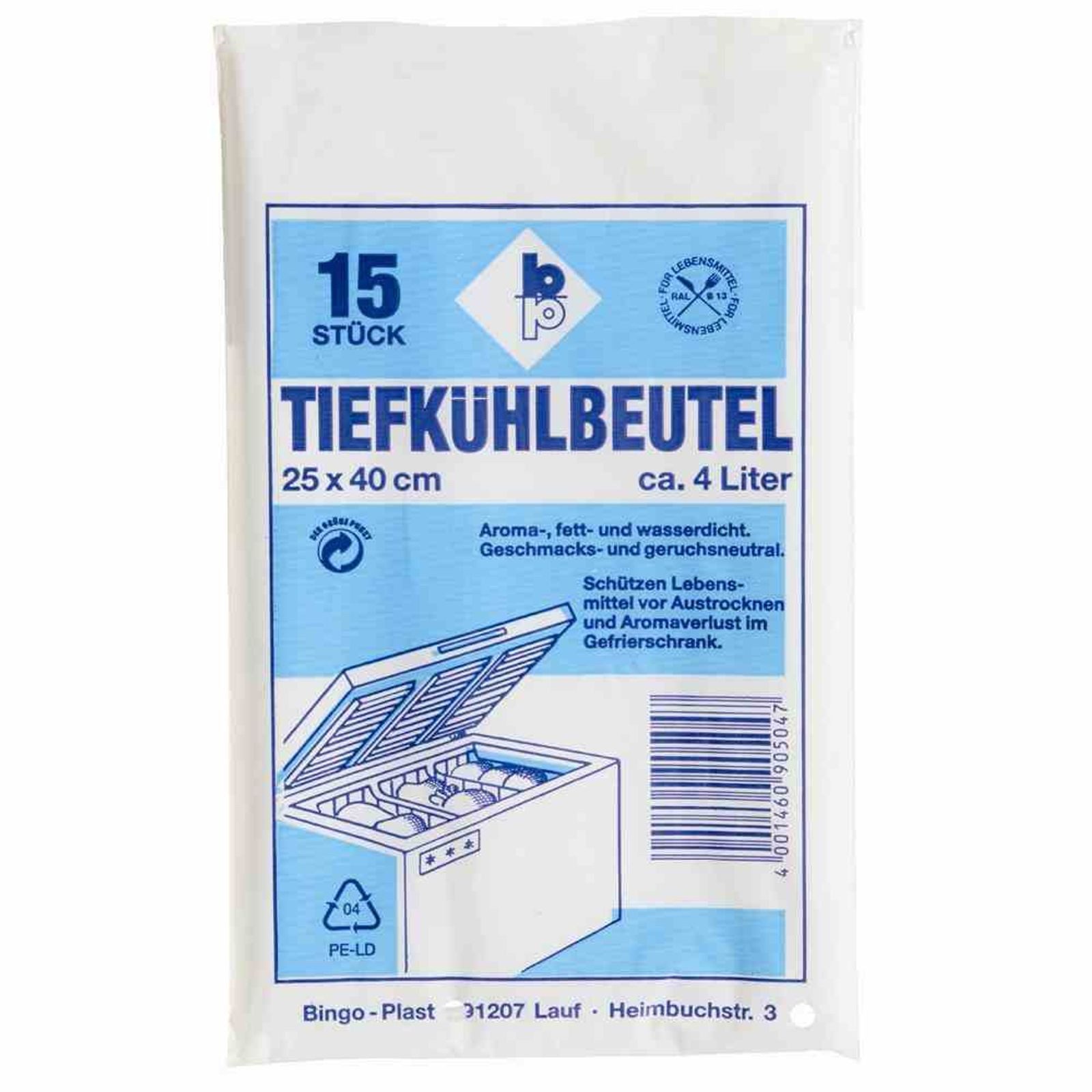 Bingo-Plast Gefrierbeutel Tiefkühlbeutel 4,0 l, 25 x 40 cm, 15 Stück