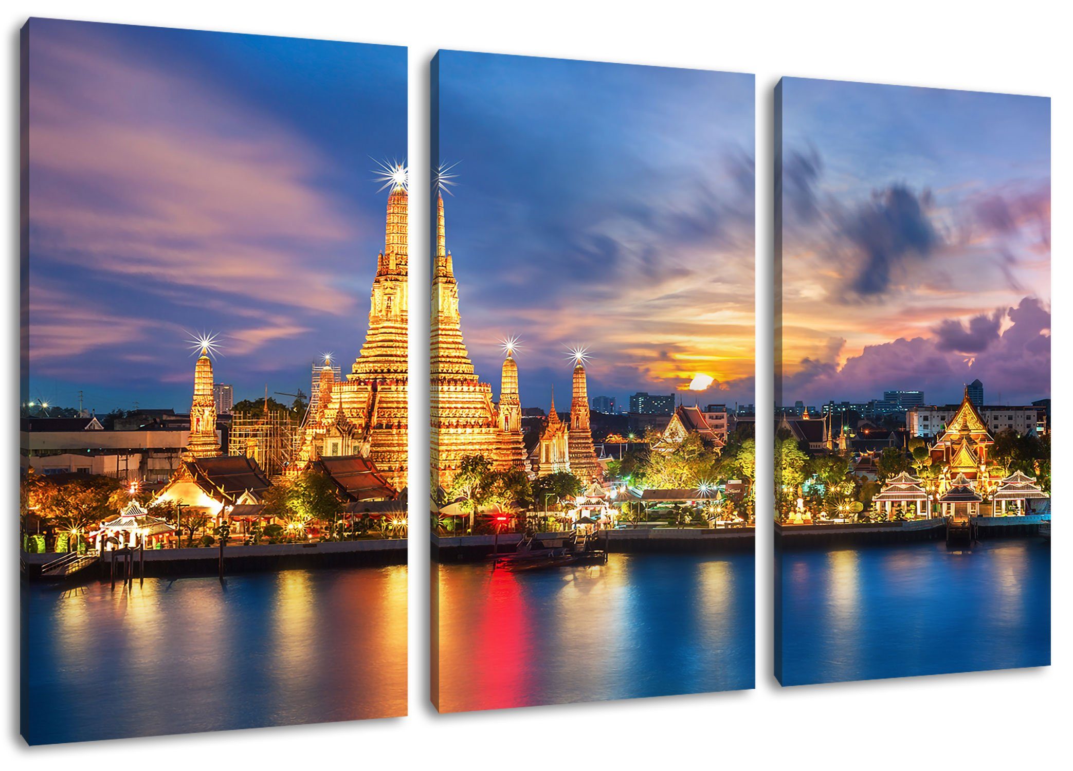 Pixxprint Leinwandbild Tempel Bangkok Thailand Bangkok inkl. Thailand, Leinwandbild 3Teiler Zackenaufhänger fertig (120x80cm) Tempel St), bespannt, (1