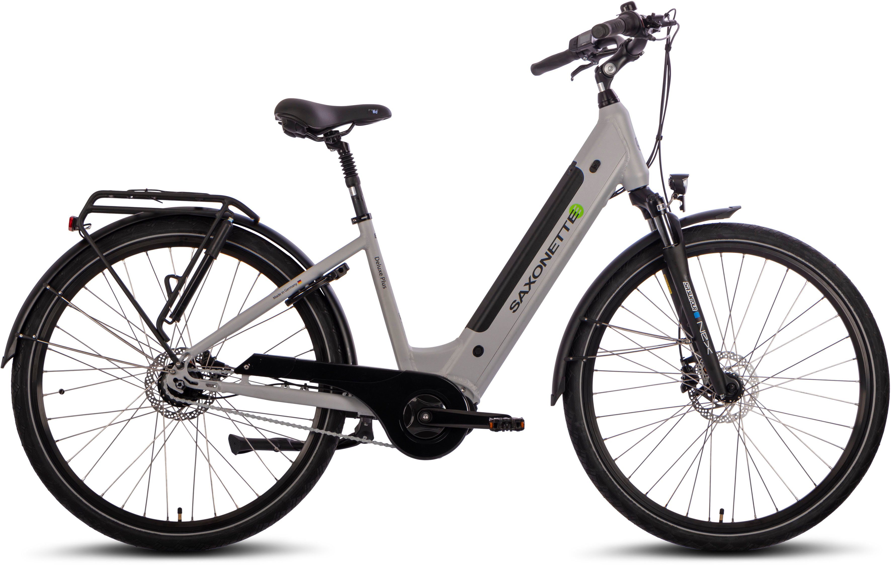 SAXONETTE E-Bike SAXONETTE Deluxe Plus, 7 Gang Shimano Nexus Schaltwerk, Nabenschaltung, Mittelmotor, 418 Wh Akku | E-Citybikes
