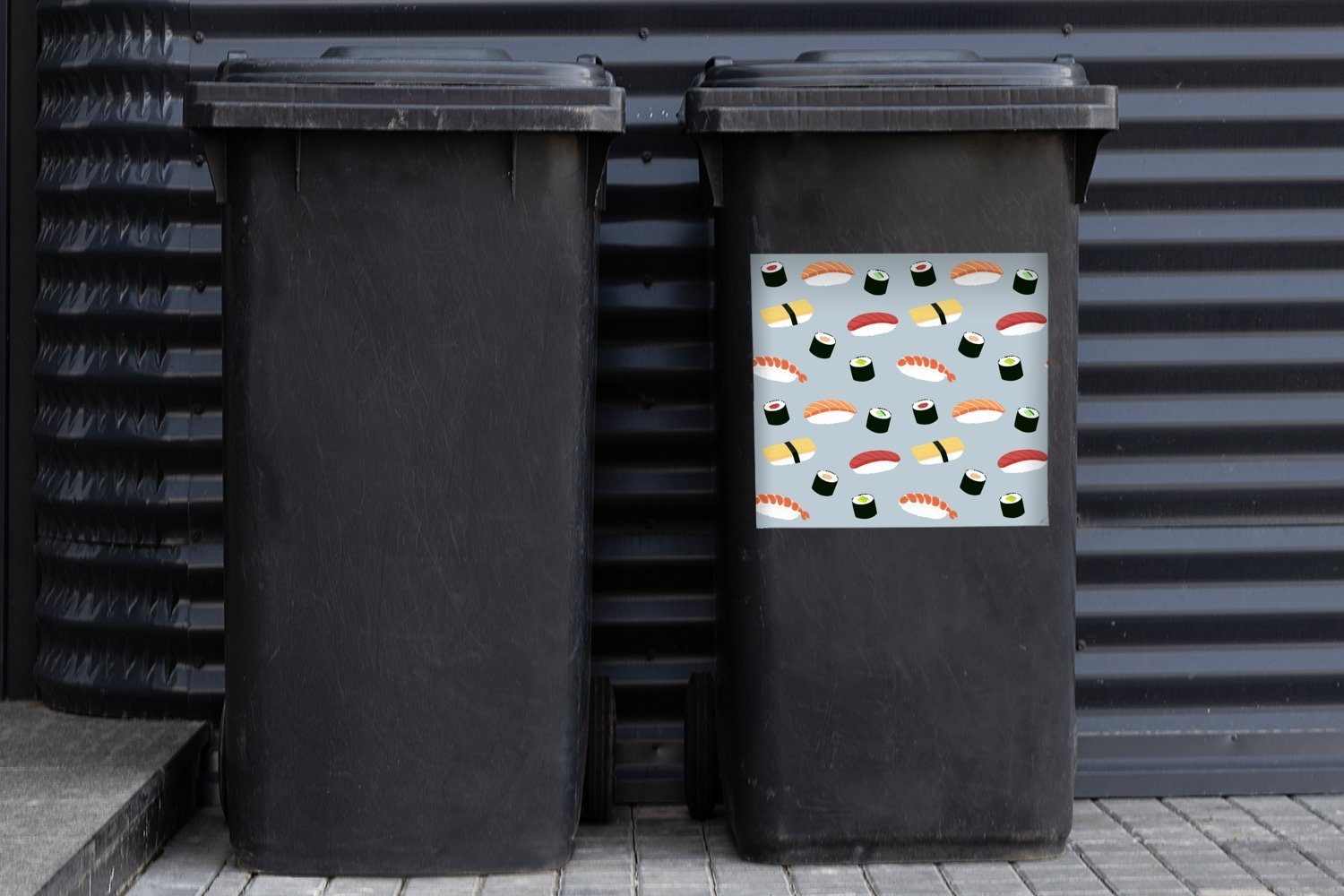 Hintergrund hellem Sticker, Wandsticker Container, Mülleimer-aufkleber, (1 Abfalbehälter St), Illustration MuchoWow auf Mülltonne, Sushi