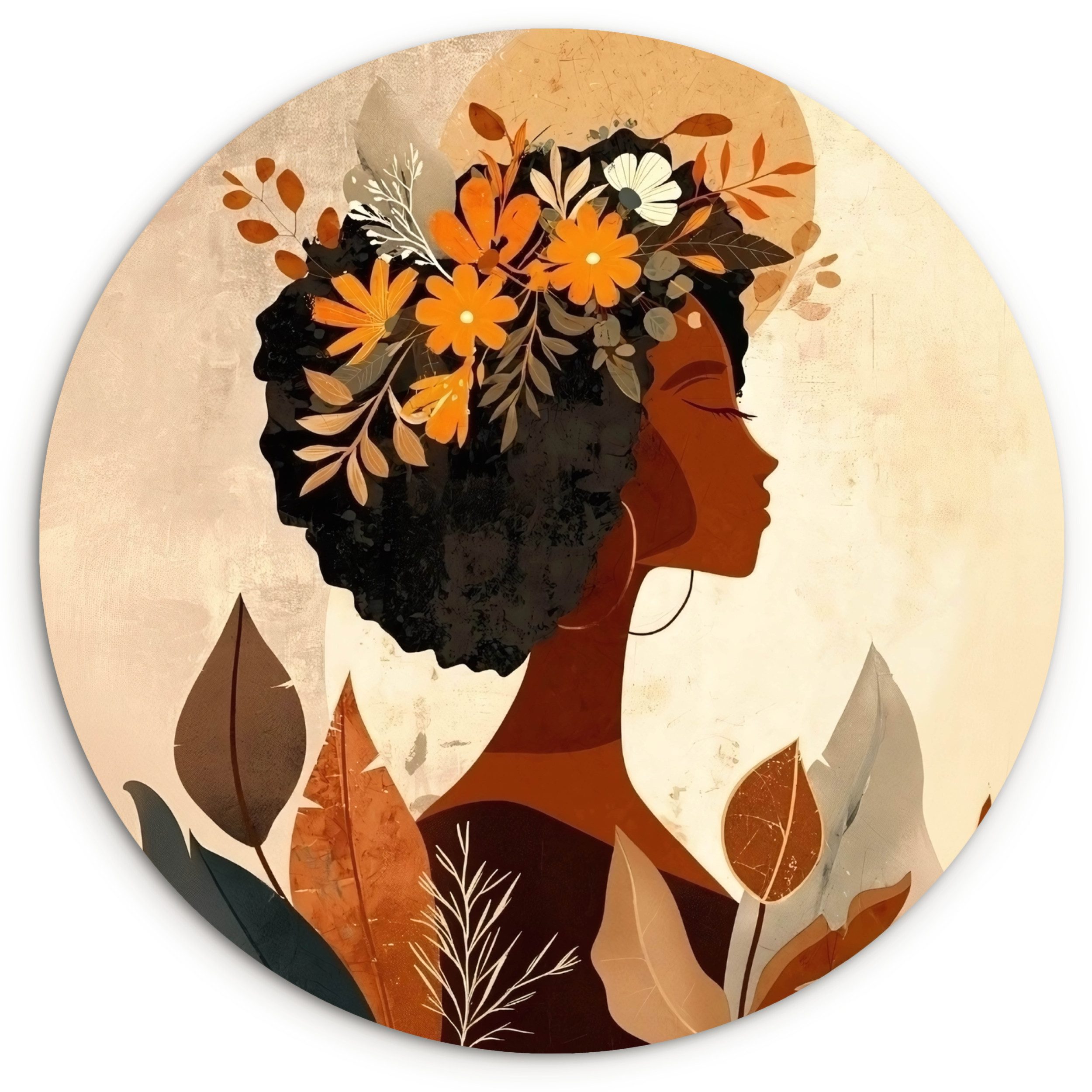 MuchoWow Gemälde Frau - Locken - Blumen - Beige, Fotodruck (1 St), Wandkreis Kunststoff für Wohnzimmer, Wandbild, 150x150 cm