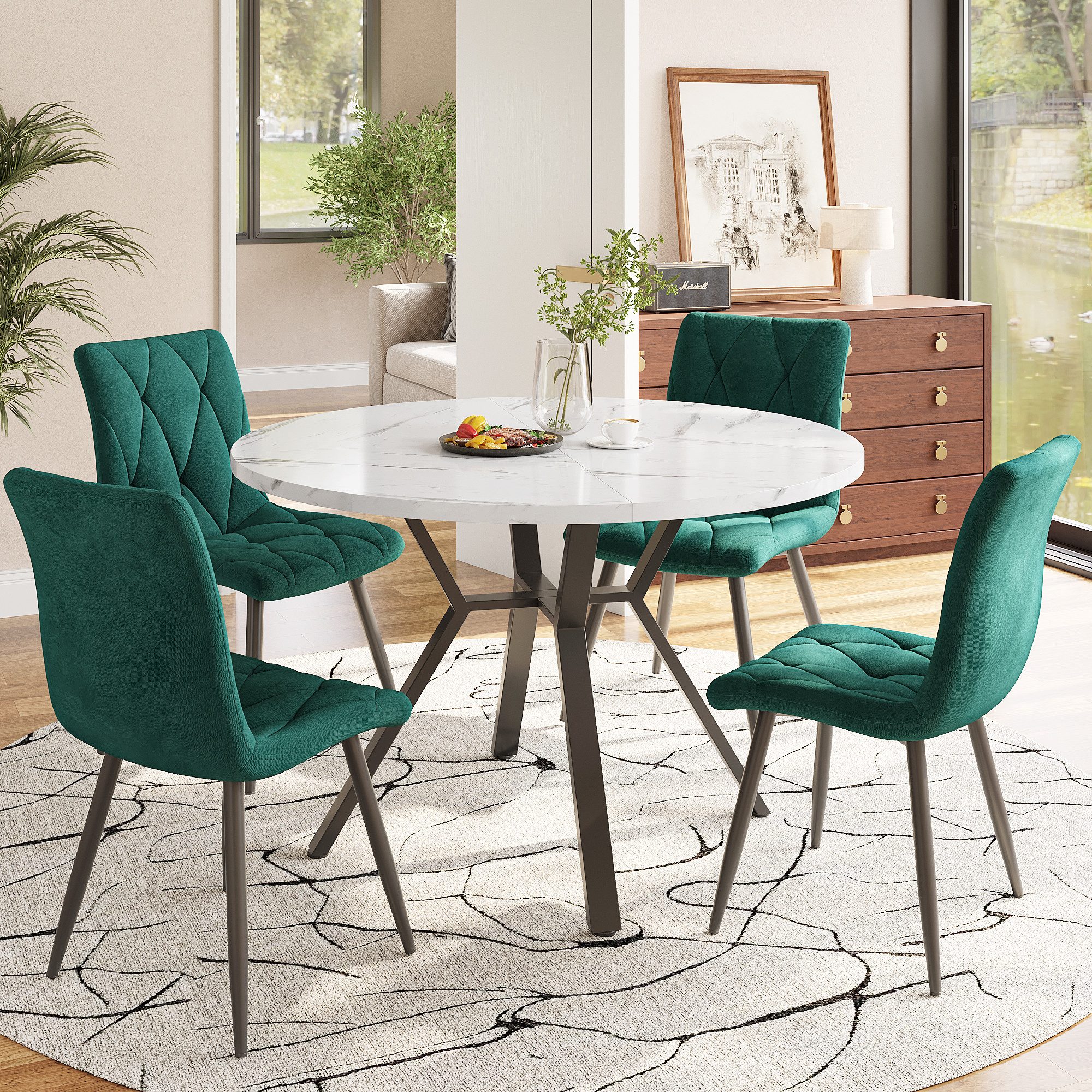 i@home Essgruppe rundes Esstisch aus Marmor mit 4 Samtstühle, grau/schwarz/ günstig online kaufen