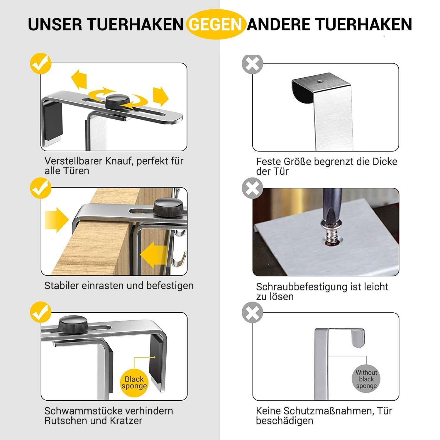 Elegear Kleiderhaken Türhaken türgarderobe zum einhängen Edelstahl kleiderhaken tür 6 Haken, Duschen, Wohnzimmer, Badzimmer, (2-St., 1), 40x22cm türhaken zum ei – Bild 4 von 5