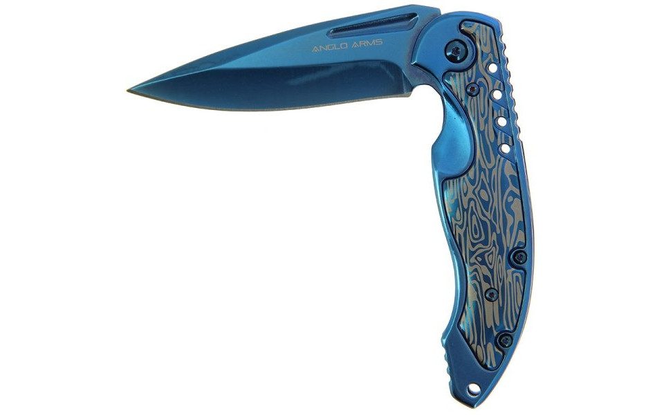 Anglo Arms Taschenmesser Anglo Arms Aluminium Einhandmesser blau Damastoptik, blaue Klinge, (1 St), blaue Oberfläche und Hosenclip