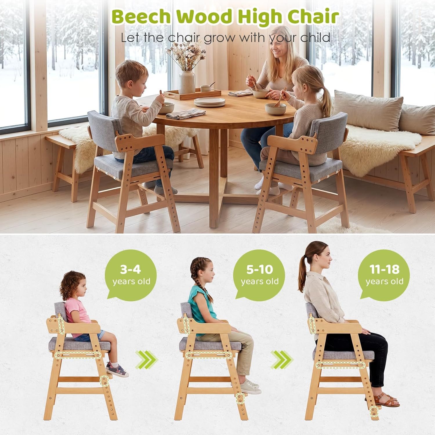 TLGREEN Kinderstuhl Höhenverstellbarer Kinderstuhl aus Buche (Mitwachsender Kinderstuhl für Kinder ab 3 Jahren), Stabiler Essstuhl & Schreibtischstuhl bis 120 kg