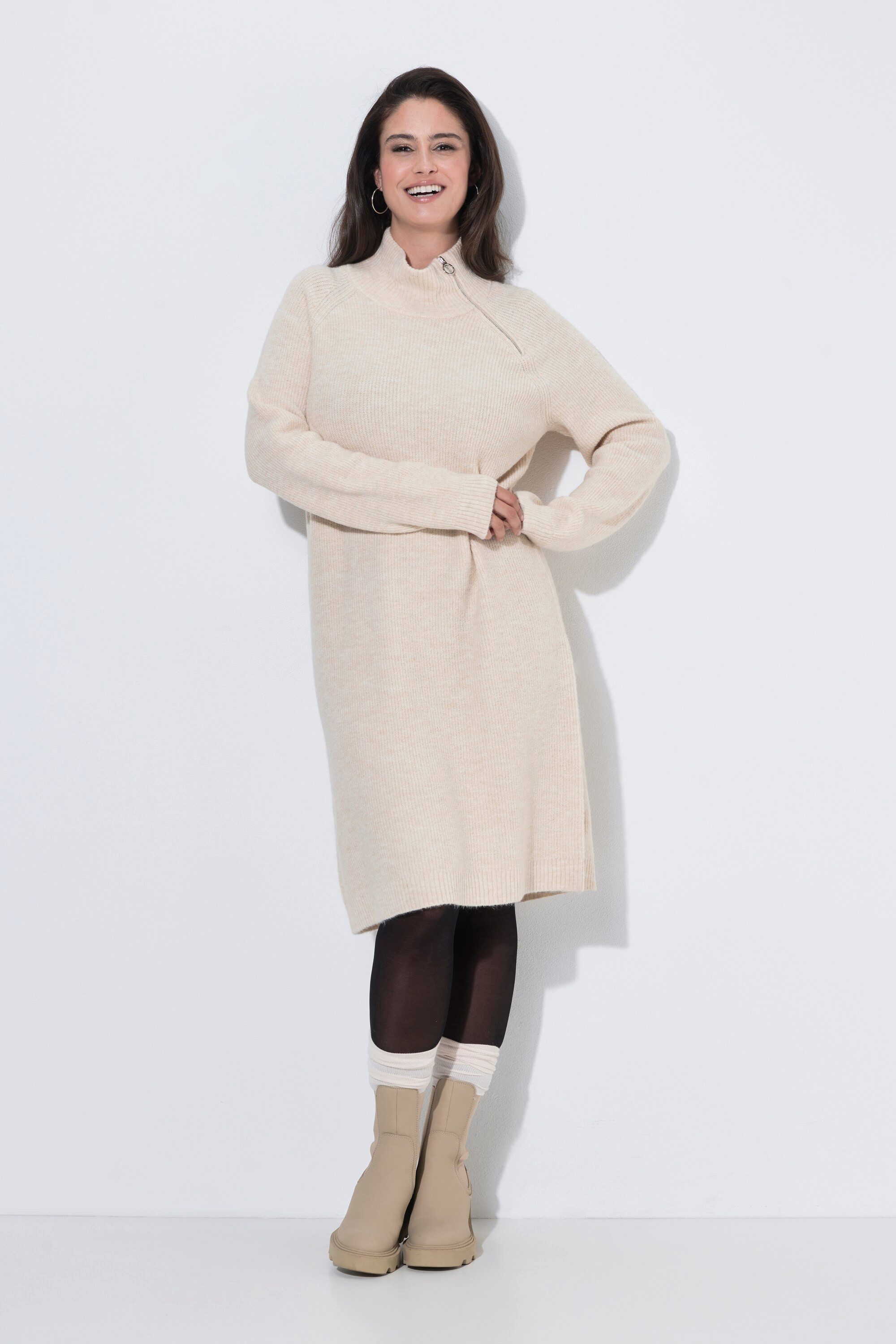 Ulla Popken Midikleid Strickkleid Ripp-Einsätze Troyerkragen Langarm