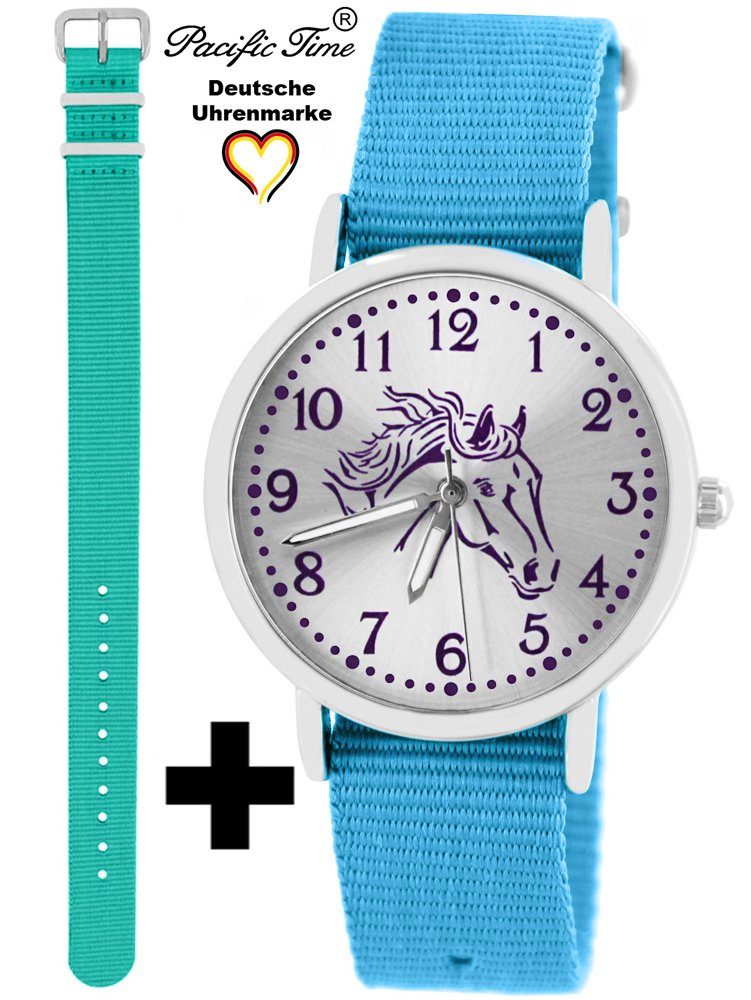 Pacific Time Quarzuhr Set Kinder Armbanduhr Pferd violett Wechselarmband, Mix und Match Design - Gratis Versand türkis und hellblau