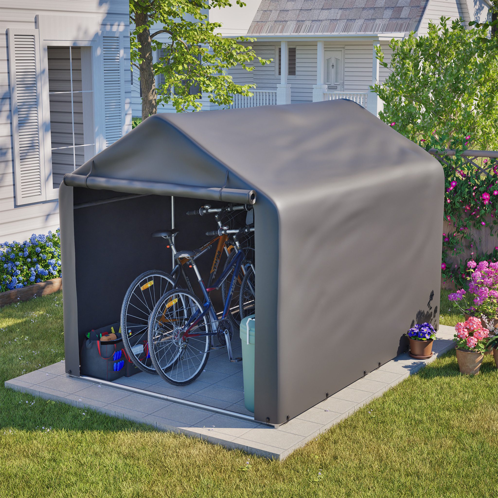 Blossom Garage Geräteschuppen 160x220x165 cm Wetterfestes Fahrradgarage, PE, Rolltor, Gartenhaus Fahrradschuppen für Fahrräder, E-Bikes, Gartengeräte