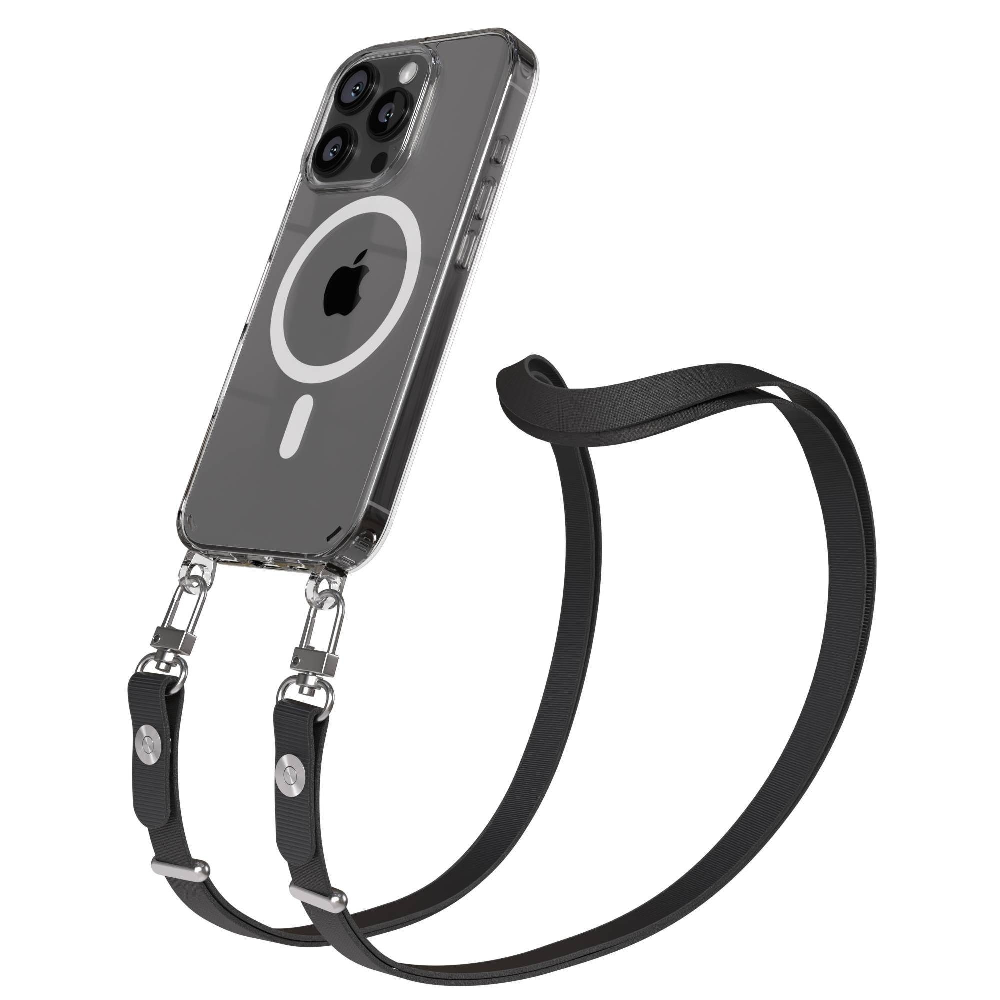 EAZY CASE Handykette für Apple iPhone 16 Pro Handyhülle mit Handyband magnetisch, MagSafe Hülle in Schwarz mit Magnetband und flexibler Handykette