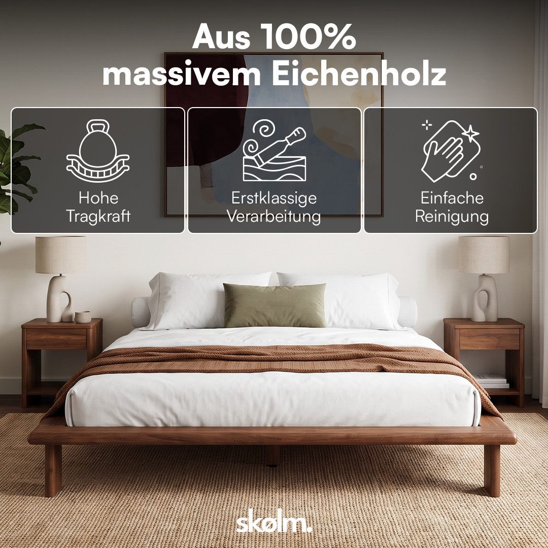 skølm Futonbett Skald aus Massivholz Eiche, Holzbett 25 cm hoch (Walnussoptik, 140x200 cm), Massivholzbett lackiert, Doppelbett in 120/160/180x200 cm verfügbar – Bild 2 von 5