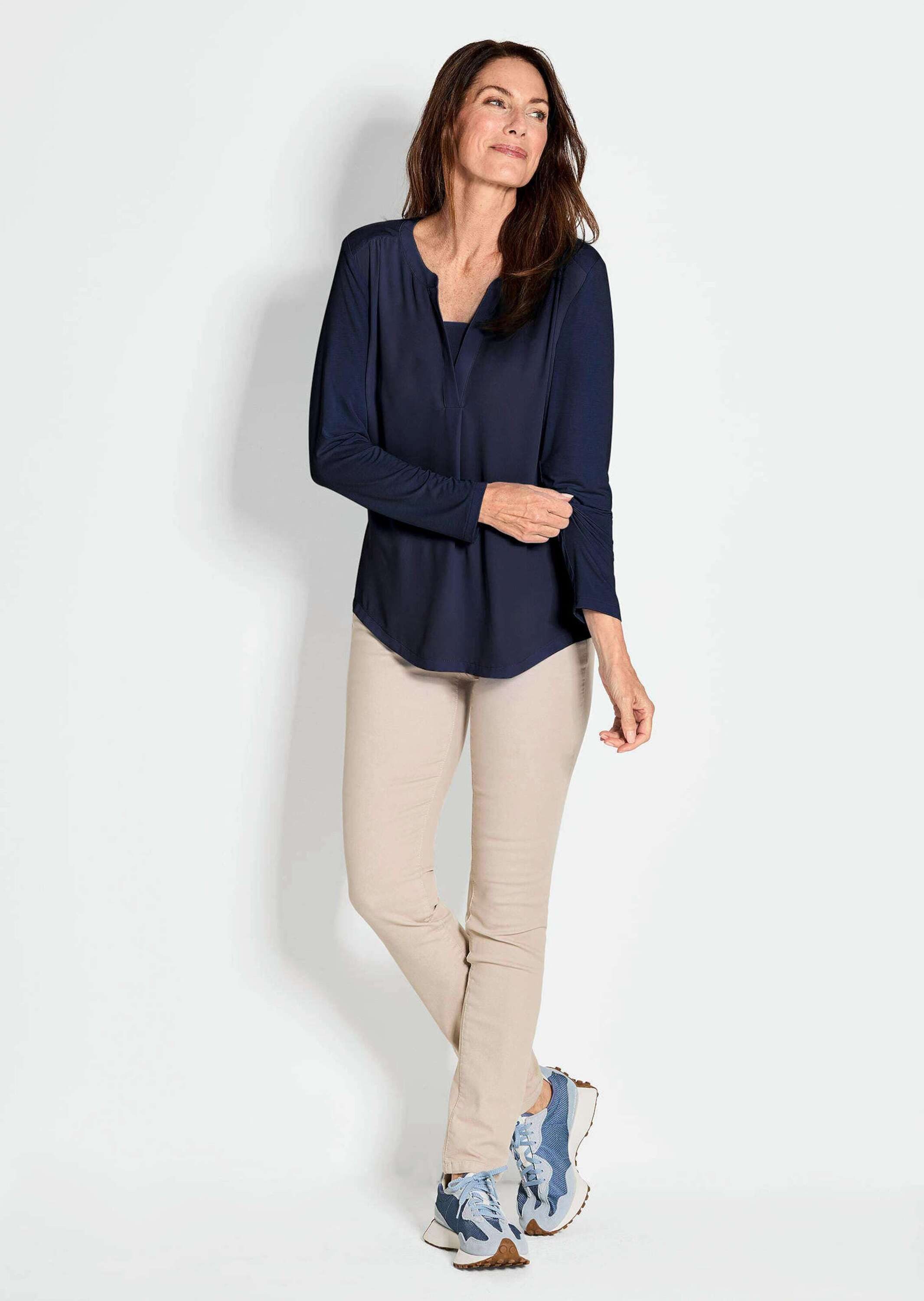 GOLDNER Shirtbluse Kurzgröße: Elegantes Chiffonshirt, Jersey-Details Langar günstig online kaufen