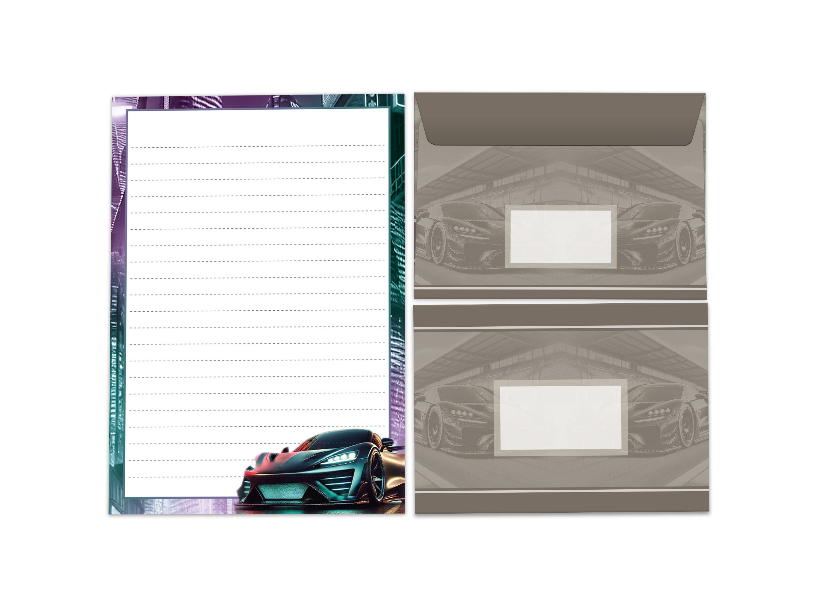 LIMONIA Briefpapier Set Kinder Briefblock A5 mit Umschlägen Notizblock Auto Rennauto, Kinder-Briefpapier A5 mit 15 Umschlägen, liniert & leicht beschreibbar