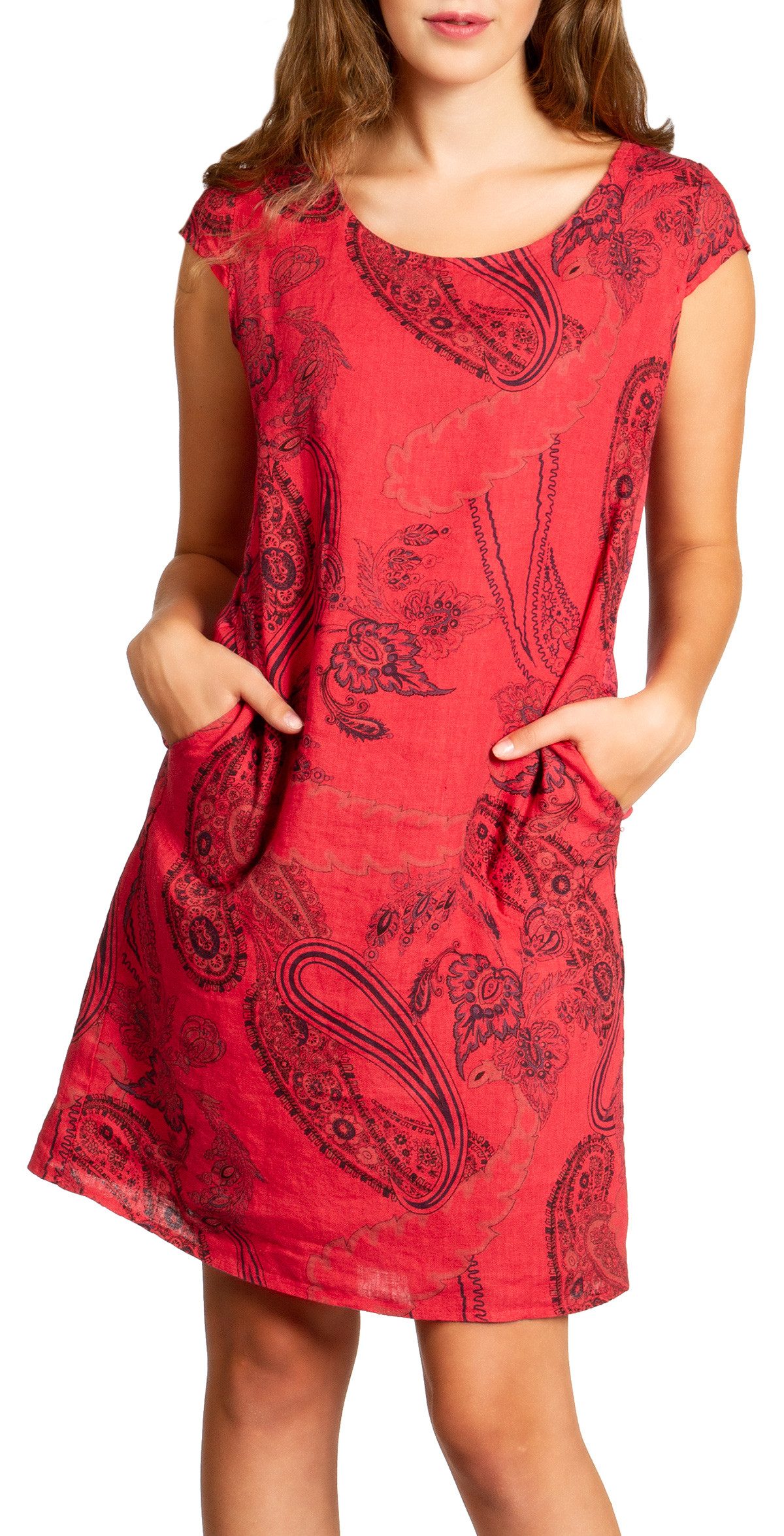 Caspar Sommerkleid SKL022 Damen Sommer Leinenkleid mit Paisley Print bis Größe 50 Luftig leicht, figurumspielende Form, mit seitlichem Jersey-Einsatz