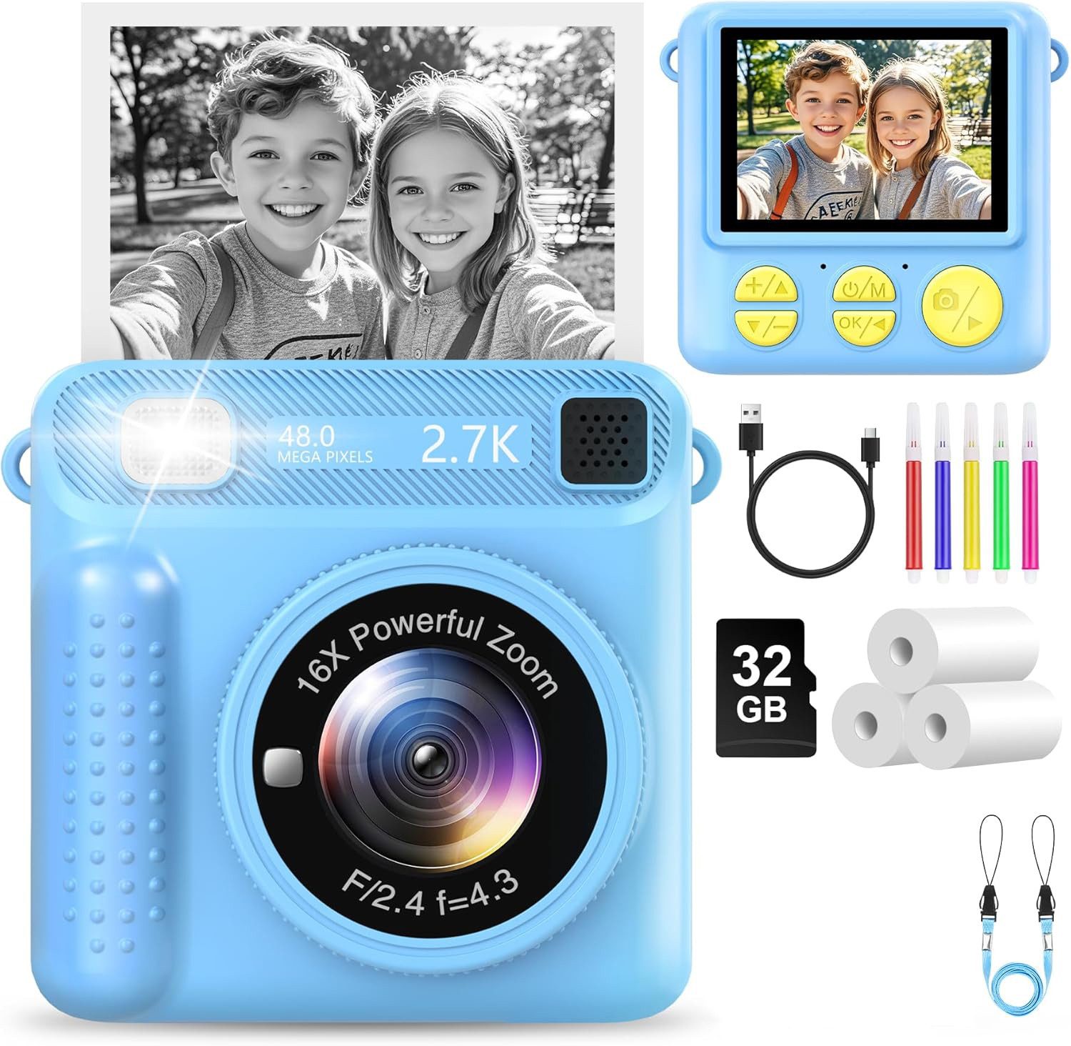 Minicloss 1080P 2,4 Zoll Bildschirm KinderKamera mit 32G Karte & Druckpapier Sofortbildkamera (30 MP)