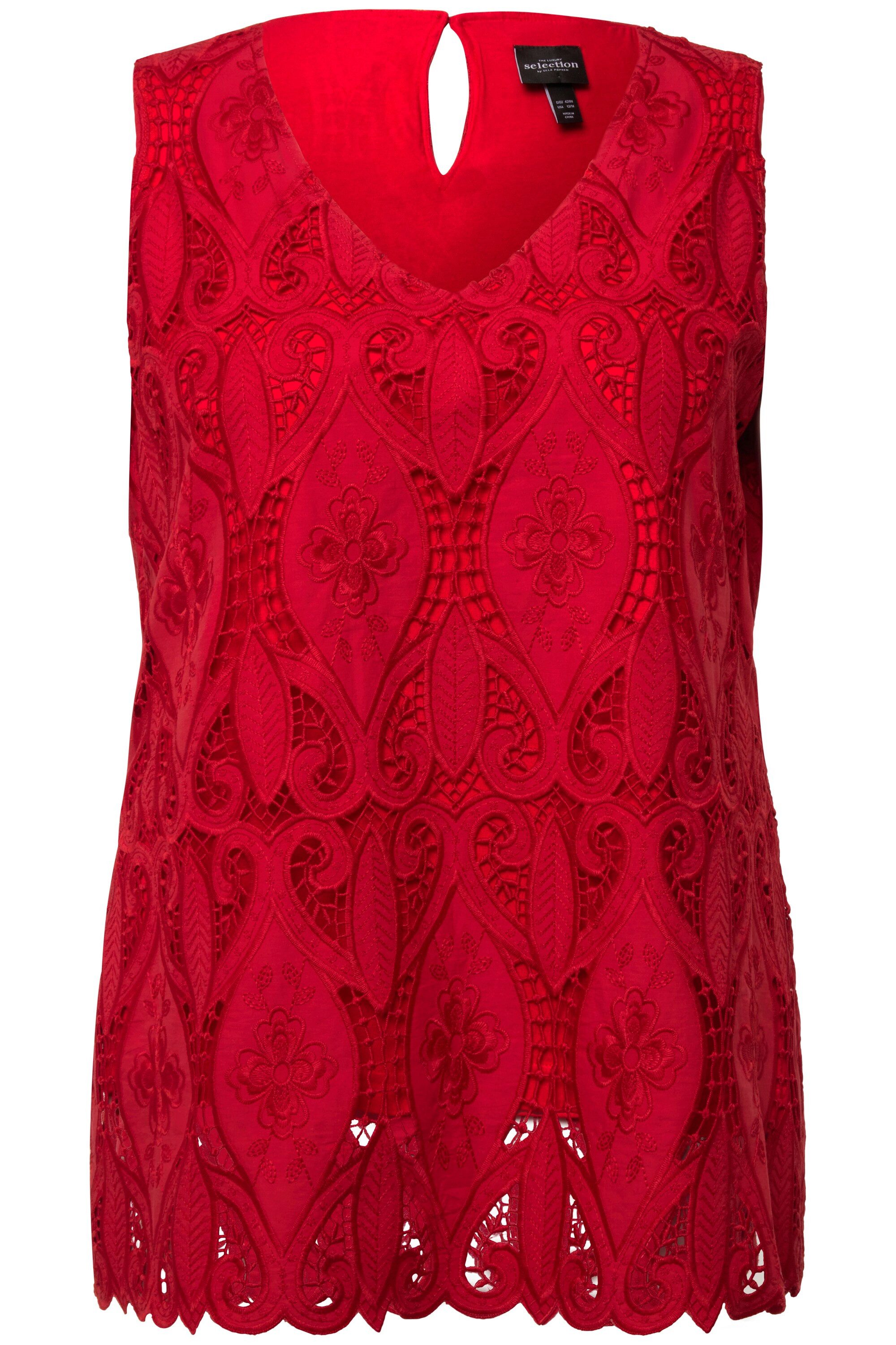 Ulla Popken Spitzenbluse Top Lochspitze A-Linie V-Ausschnitt ärmellos günstig online kaufen