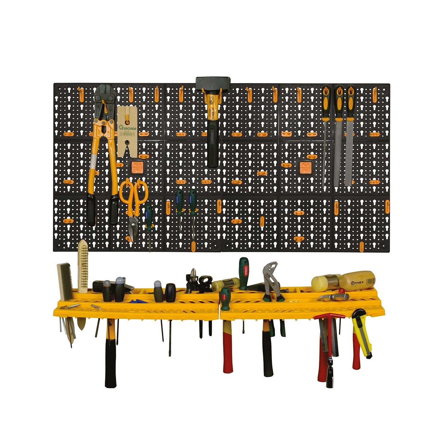 OMAC Lochwand Werkstattwand Werkzeughalter 2 Wandplatten 2 Ablagen 50 Haken Set, (1-tlg), Verstellbar I Langlebig I Einfacher Einbau und schnelles Abnehmen