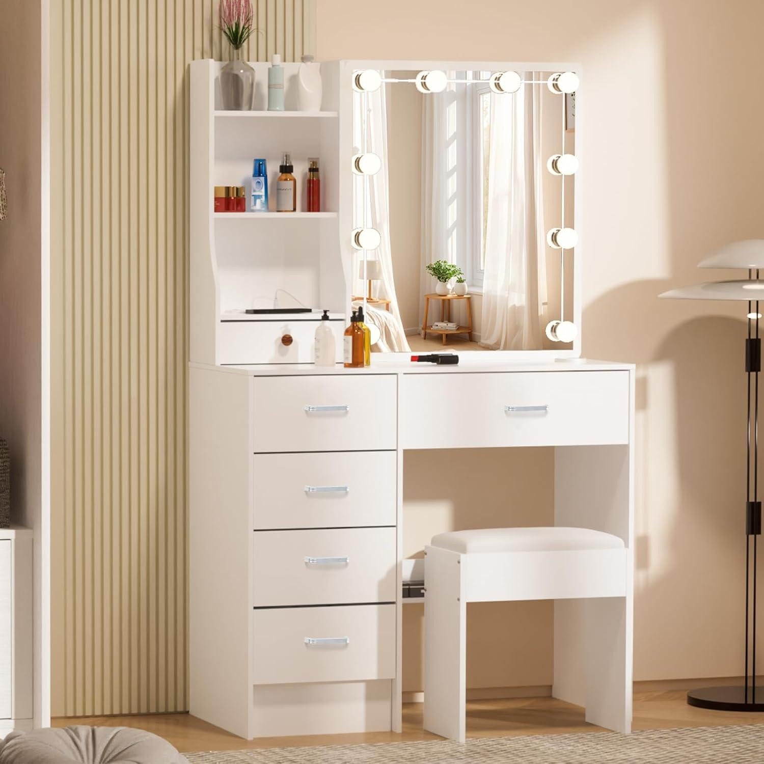 Schminktisch Schminktisch mit Beleuchtung, Hocker, 3 Farben Helligkeit, 6