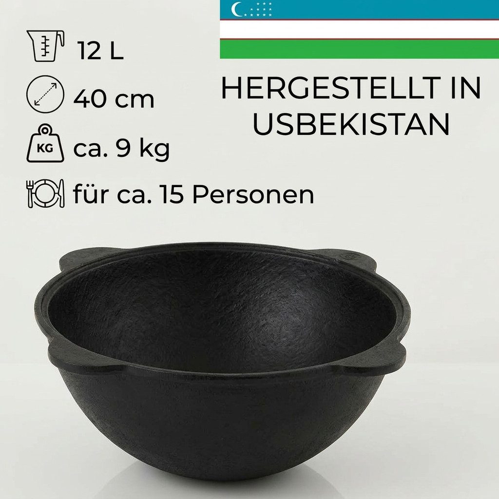 4BIG.fun Grilltopf Gusseisen Kasan 12L Deckel inkl. Thermometer Schaumkelle Schöpflöffel, Gusseisen (inkl. Schaumkelle, Schöpflöffel und Thermometer)