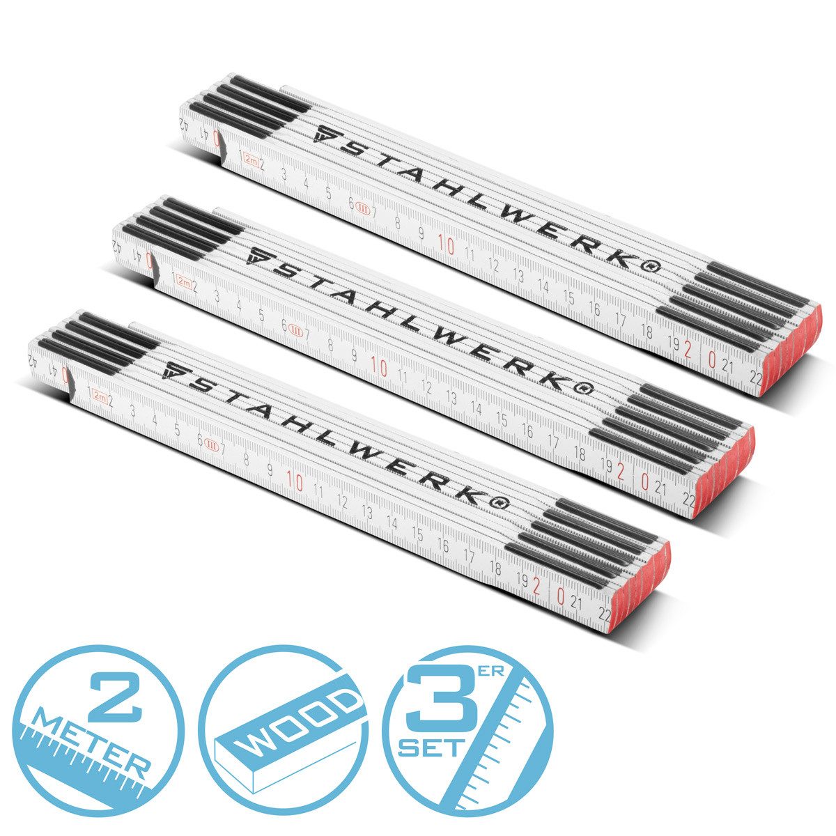 STAHLWERK Zollstock Zollstock 3er Set 2 Meter präziser Holz-, aus hochwertigem Holz gefertigt