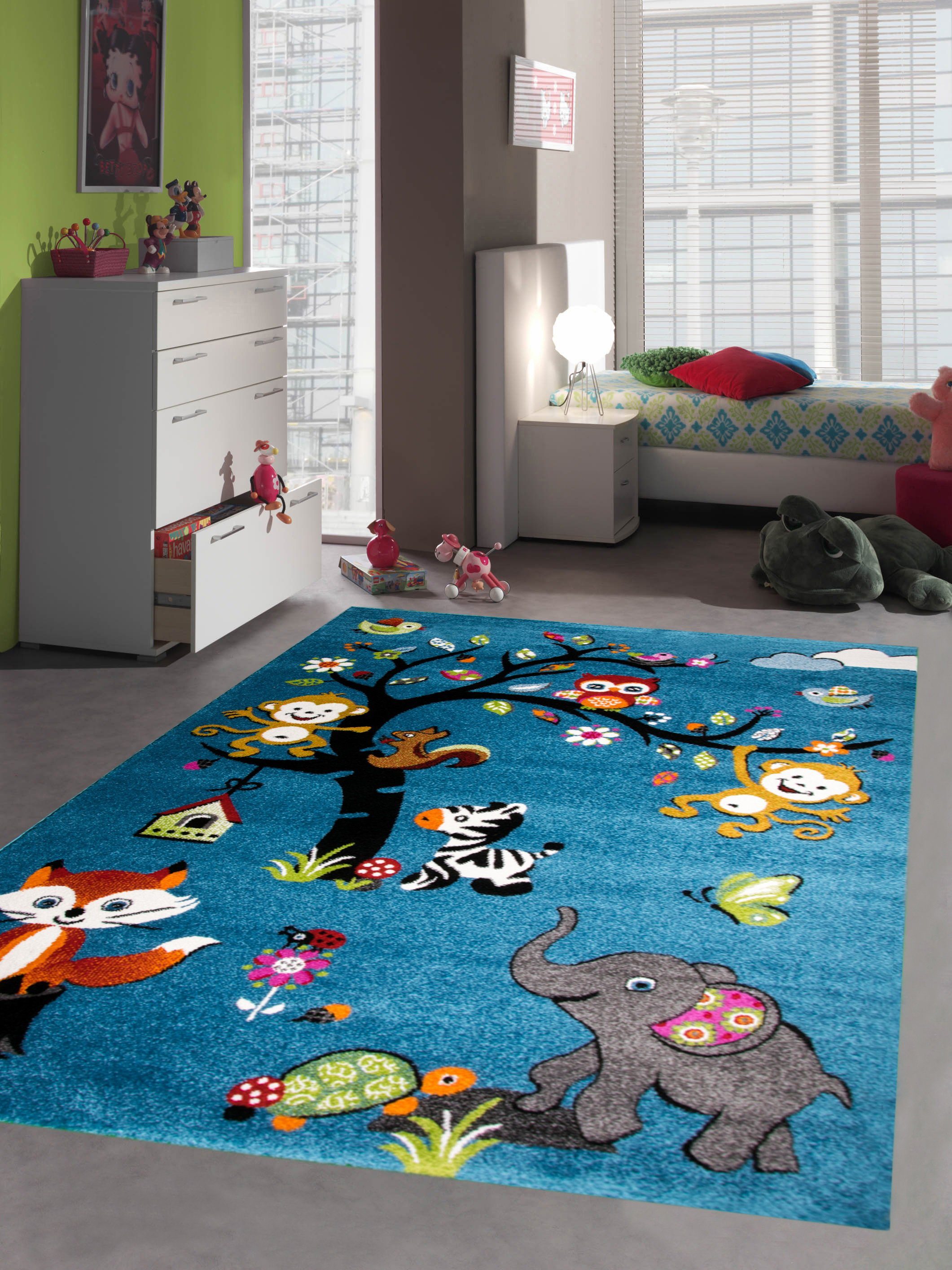 Kinderteppich Kinderzimmer Teppich Zootiere in blau, Teppich-Traum,  rechteckig, Höhe: 11 mm