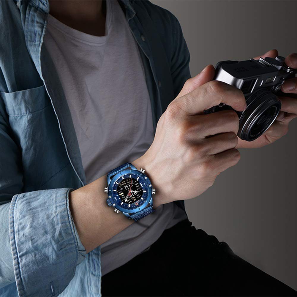 Armbanduhr Sportuhren, Uhr Blau wasserdichte Quarzuhr Edelstahl GelldG Digitaluhr,